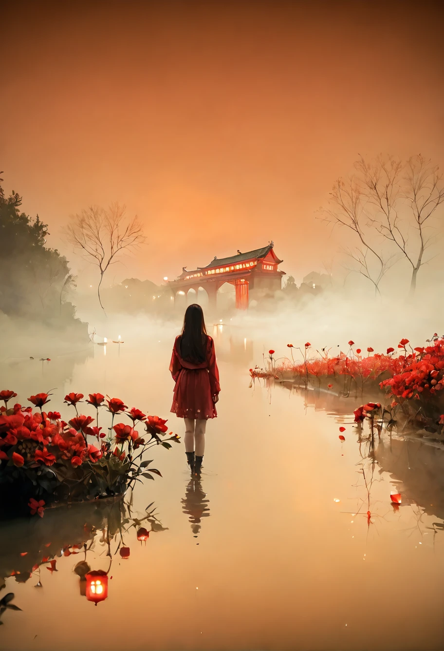 score_9,score_8_up,score_7_up,8k,,ruanyi0699,fog,night,red sky,reflection,red theme,flower,<lora:0699 Wangchuan River_v1_pony:1>