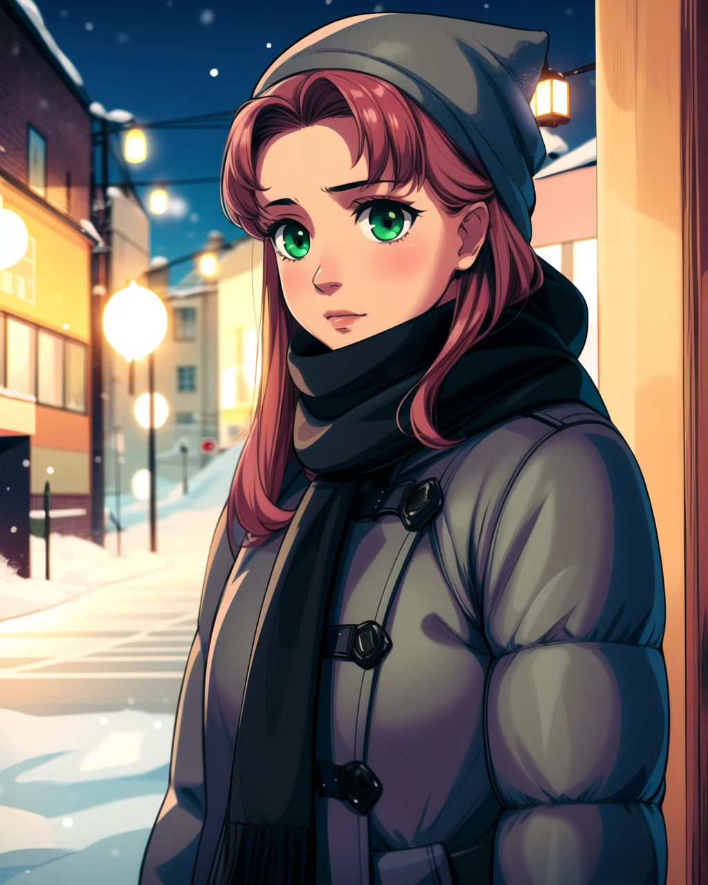 masterpiece, high quality, blolga, 1girl, close shot, green eyes, black scarf, grey winter coat, outdoors, city, street, winter, snow, <lora:blolga:0.75>, <lora:add_detail:1>