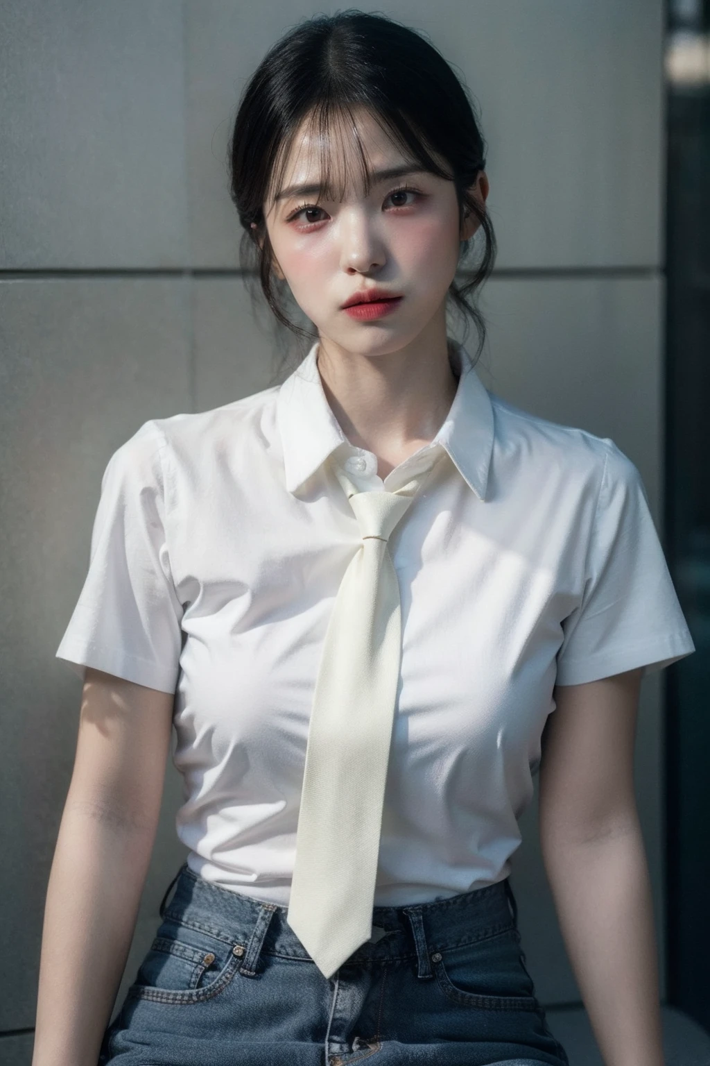 (realistic), (hyperrealism),best quality, masterpiece,ultra high res, (photorealistic:1.4),1girl,solo, realistic, looking at viewer, parted lips,  jeans skirt, white collared shirt, tie,
,skinny, long neck, tall,<lora:makina69_leedahye_v1.0:1>, parted lips