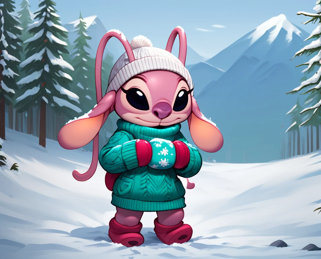 score_9, score_8_up, score_8,    <lora:Angel_for_PonyXL:0.8> 1girl, furry, ange1, antennae, solo, black eyes, sweater, beanie, mittens, outdoors, snow, snow man,