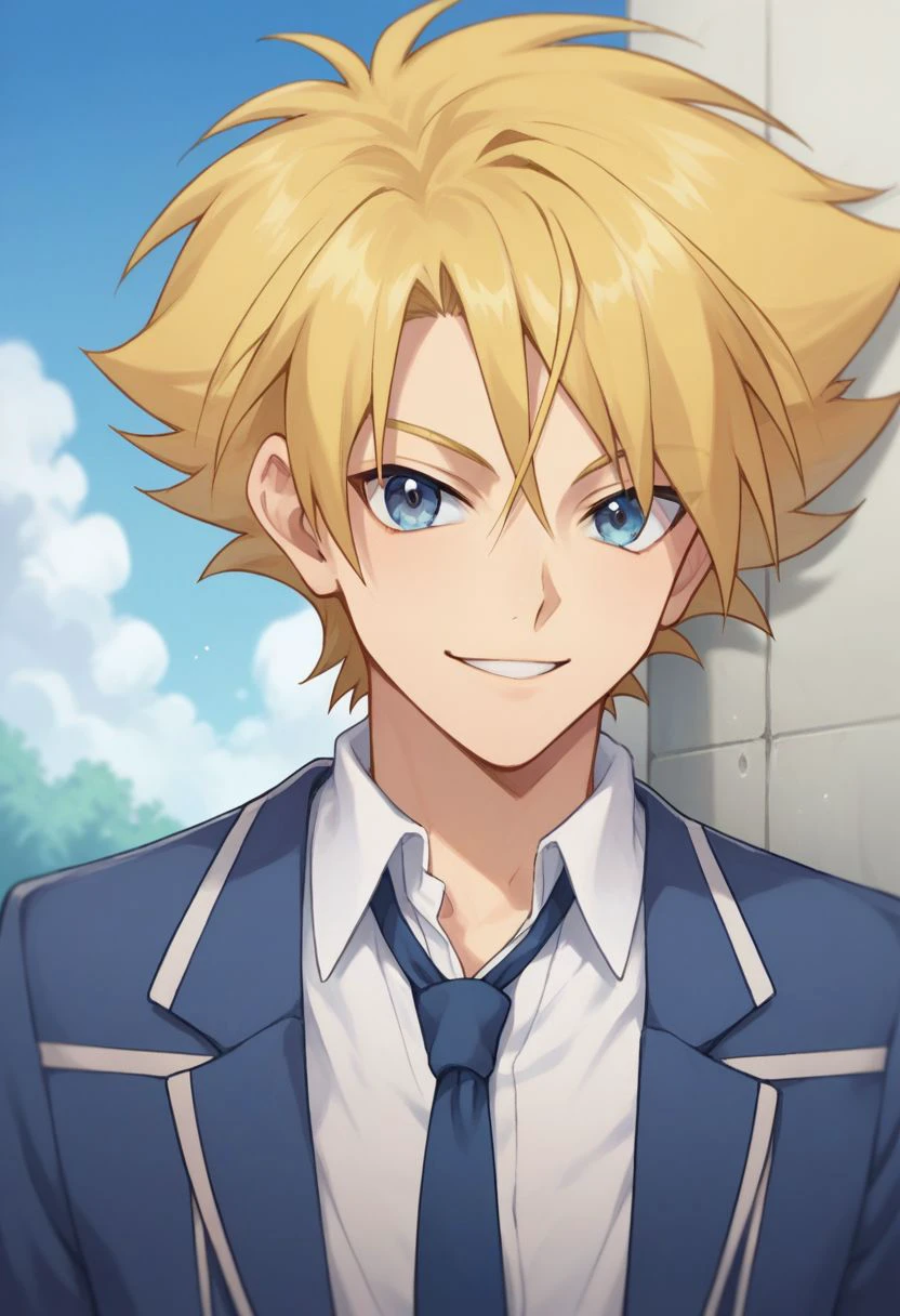 score_9, score_8_up, score_7_up, source_anime, highly detailed, 
taishi, male focus, 1boy, solo, smile, blonde hair, hood,  blue eyes, necktie, school uniform, blue necktie, blazer, jacket, upper body, shirt, looking at viewer,
outdoor, sky,