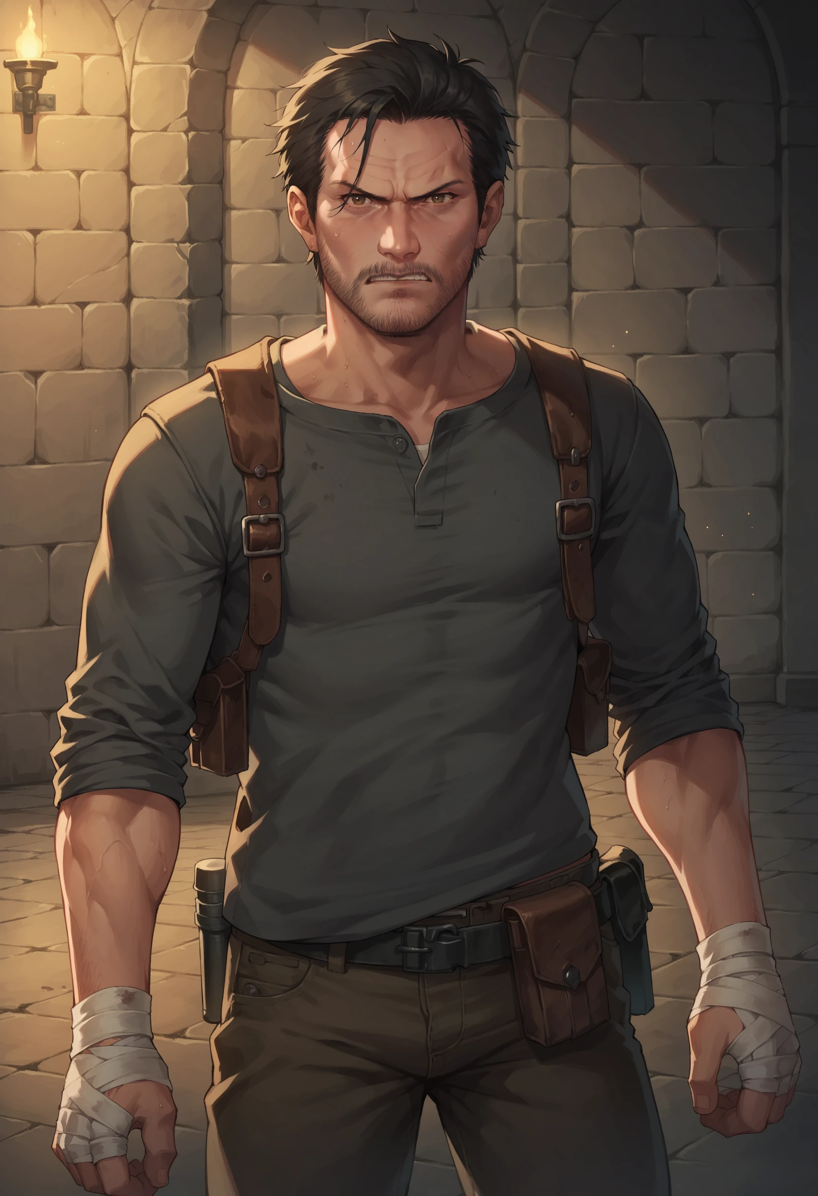 score_9, score_8_up, score_8, source_anime, 1boy, <lora:SebastianCastellanos:0.75> ,solo, facial hair, beard, brown eyes, black hair, short hair, bandages, shirt, pants, angry,
dungeon background,