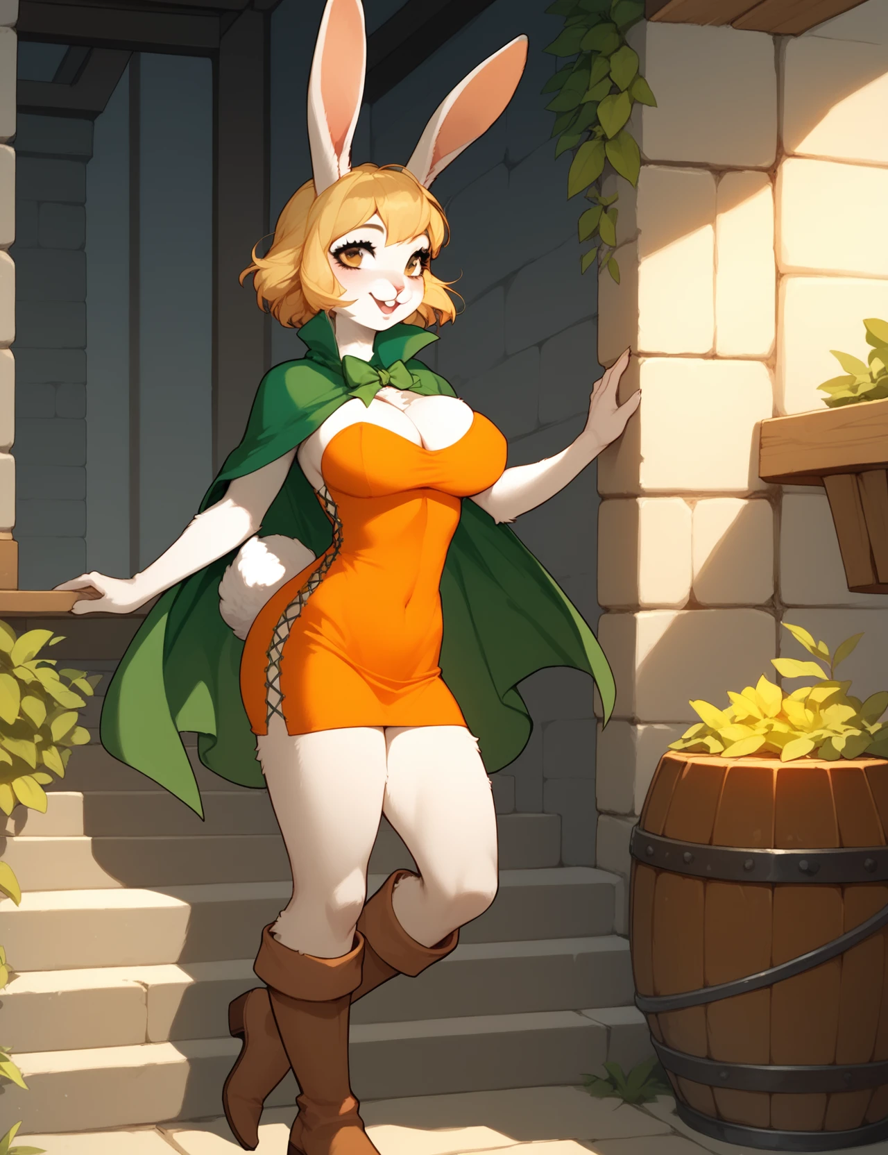 score_9, score_8_up, score_7_up,
((best quality)), absurdres, full body,
<lora:OPCarrotPXL:1> OPCarrotPXL,  anthro rabbit, fur, short blonde hair, white fur, mink dress, orange dress, mink cape, brown boots, cleavage, standing, breast, solo, hourglass figure, female furry, furry,
<lora:Smooth Anime Style LoRA XL:0.7> Smooth, Anime, <lora:Expressive_H:1> Expressiveh,