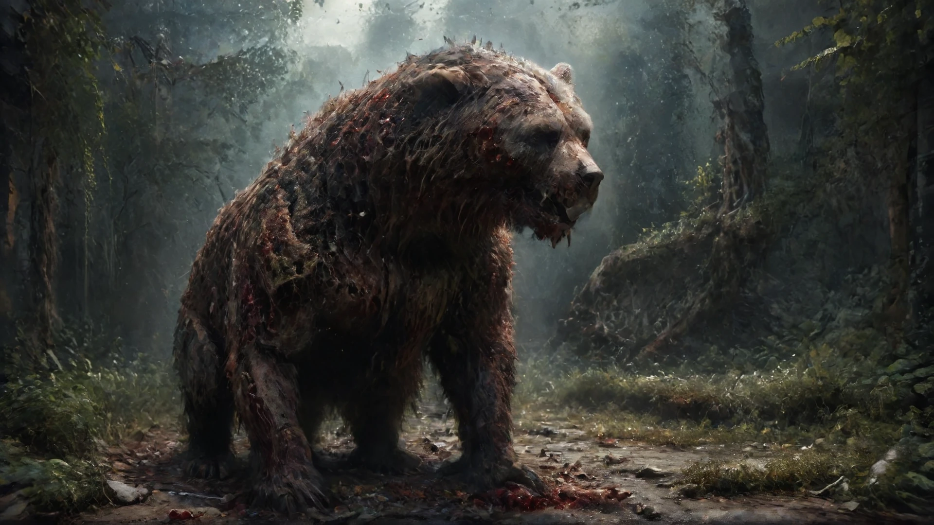 Crystal clear image, clear image, award-winning photo, bear, zombie, undead, professionally color graded, best quality, highly detailed, sharp focus, high quality, 8k image, epic photography, Pieces of decaying flesh hang off, skull, monster, tree, Animal, city, volumetric lighting, cinematic lighting, photo realistic, rendered in 8K resolution, High-Quality Artwork, walking, bloody, realistic, decay skin, overgrown plants, ultra realistic skin, ultra realistic face, ultra realistic background, ultra realistic Environmental,