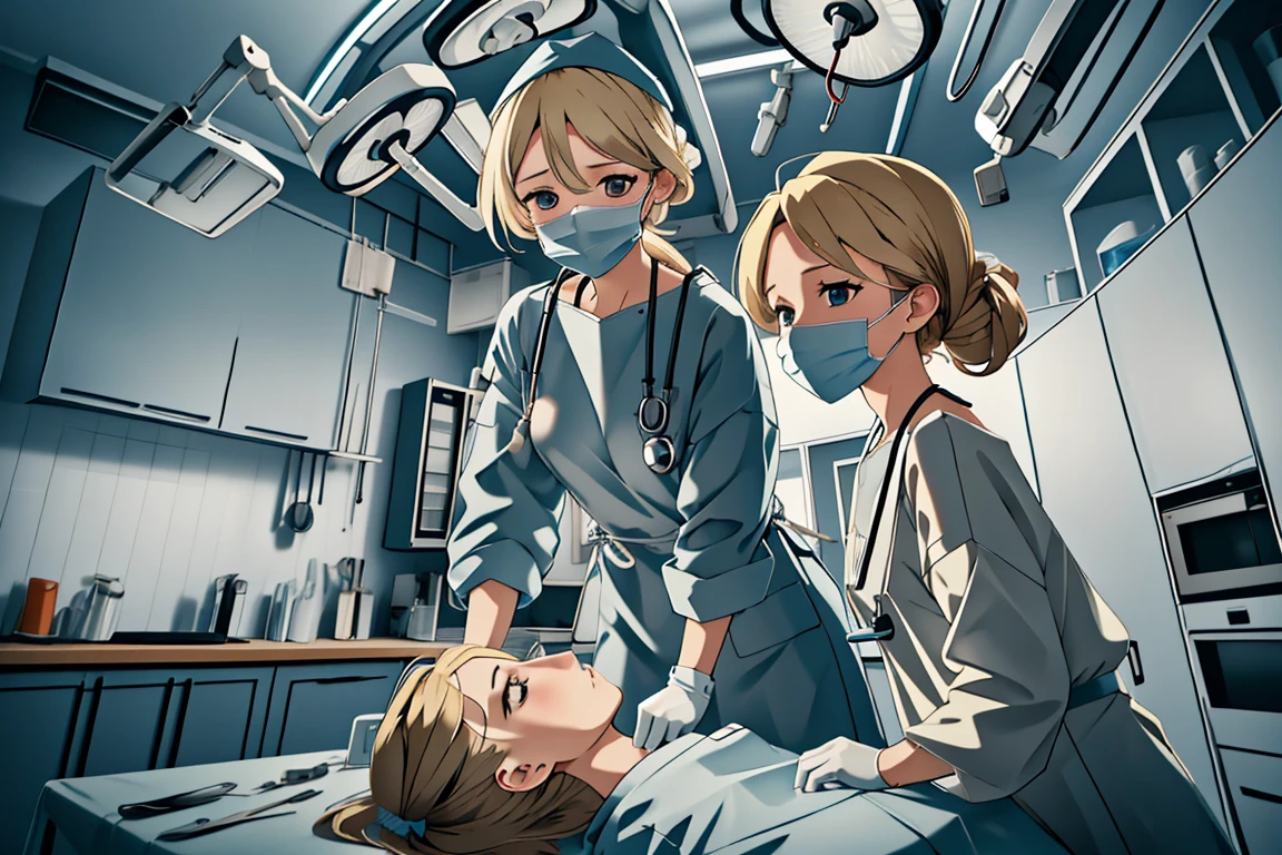 (RAW photo, best quality,facing the viewer,from front), operating room, overhead surgical light,blurred background, focused, dithering,backlighting,
 <lora:CM_Scene_Surgery_Homemade_V2.0-000007:0.85> scene_homemadesurg, surgical mask, multiple girls, intravenous drip, doctor,
<lora:Sayuri_Brooks_V1.0:0.8> sayuri brooks, 1girl, solo, anime coloring,blonde hair, red eyes,