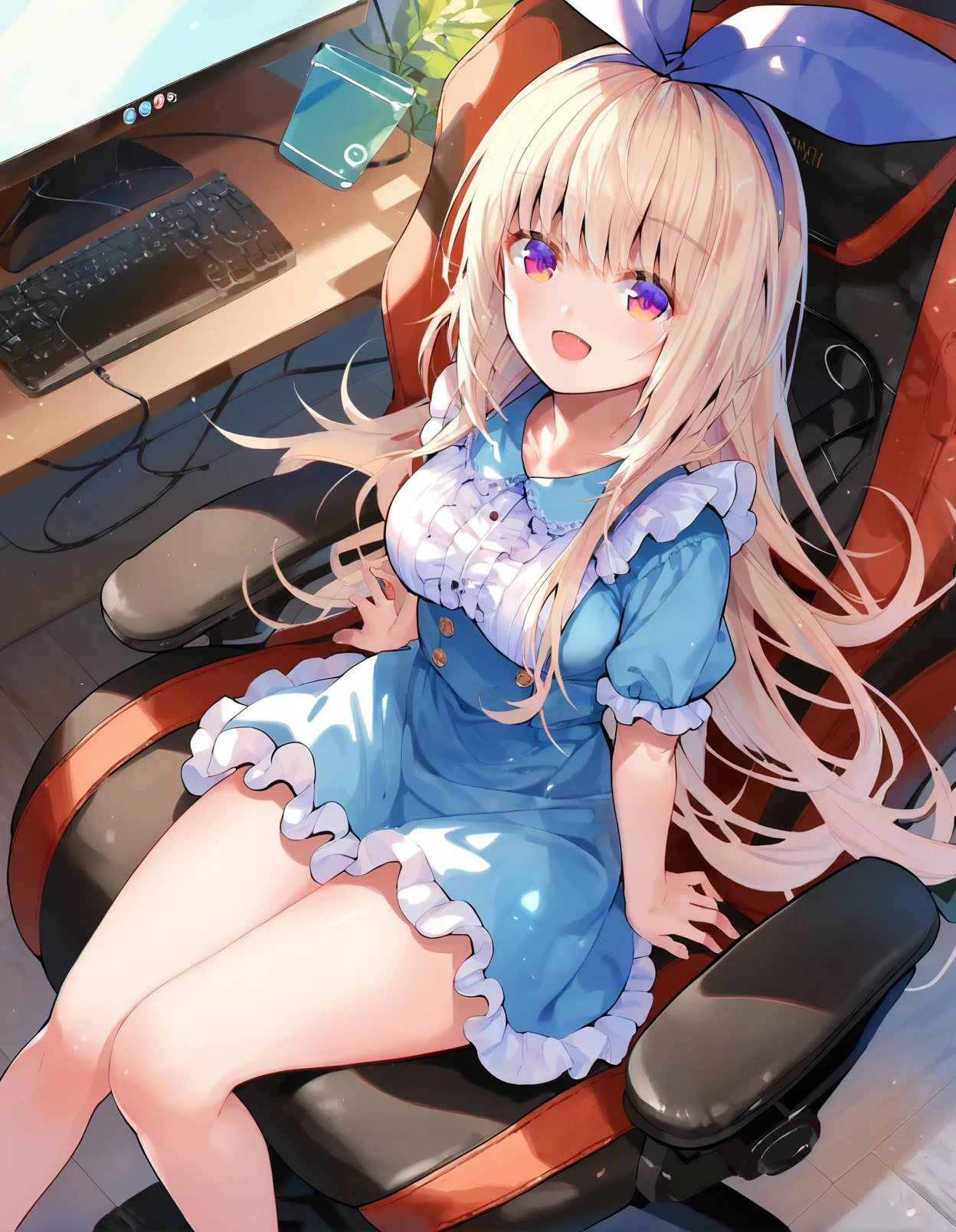 score_9,score_8_up,score_7_up,score_6_up,score_5_up,score_4_up, 1girl, sitting on a gaming chair, bedroom, computer, smile, open mouth, hair ribbon, frilled dress, blonde hair, purple red eyes, dappled sunlight, long hair, hairband, medium breasts,
<lora:hibari_style_pony6_v1-000034:1.1>, from above,
