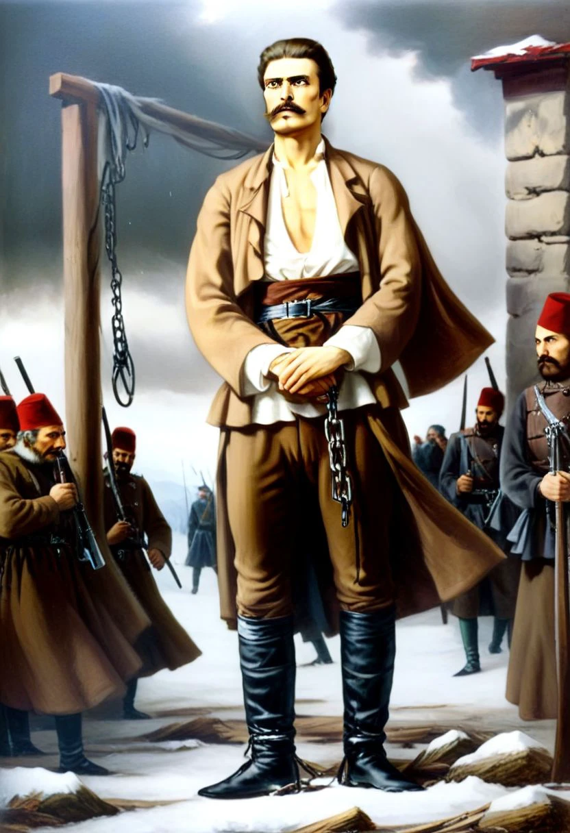 Dramatic realistic image with vico quality and ultra high resolution depicting Vasil Levski going to the gallows accompanied by Ottoman soldiers, correct anatomy.
Vasil Levski:
A tall, slender man with a beard and moustache.
Dressed in dark clothes, draped with Yamurluk is a thick outer garment of the traditional costume, designed to protect against cold and rain typical of the era (1870s).
He radiates courage and determination, but at the same time he is aware of his destiny.
hand and foot shackles.
(The Gallows):
(A wooden structure erected in the field near Sofia.)
A crowd of people has gathered around her, watching silently. Their faces are sad, dejected.
Some of them may cry or grumble.
Churches, mosques, or other buildings of the era may be seen in the background.
Atmosphere: drama, winter and cold weather, wind, 
Dark and gloomy, with predominant gray and brown colors.
The air is filled with tension and sorrow, sadness.
The sun may be setting, casting long shadows.
Additional details:
a heavenly ray of light falling on Levski, symbolizing his faith and martyrdom.
A mountain or other symbol of freedom should be visible behind the gallows. wolves in the distance