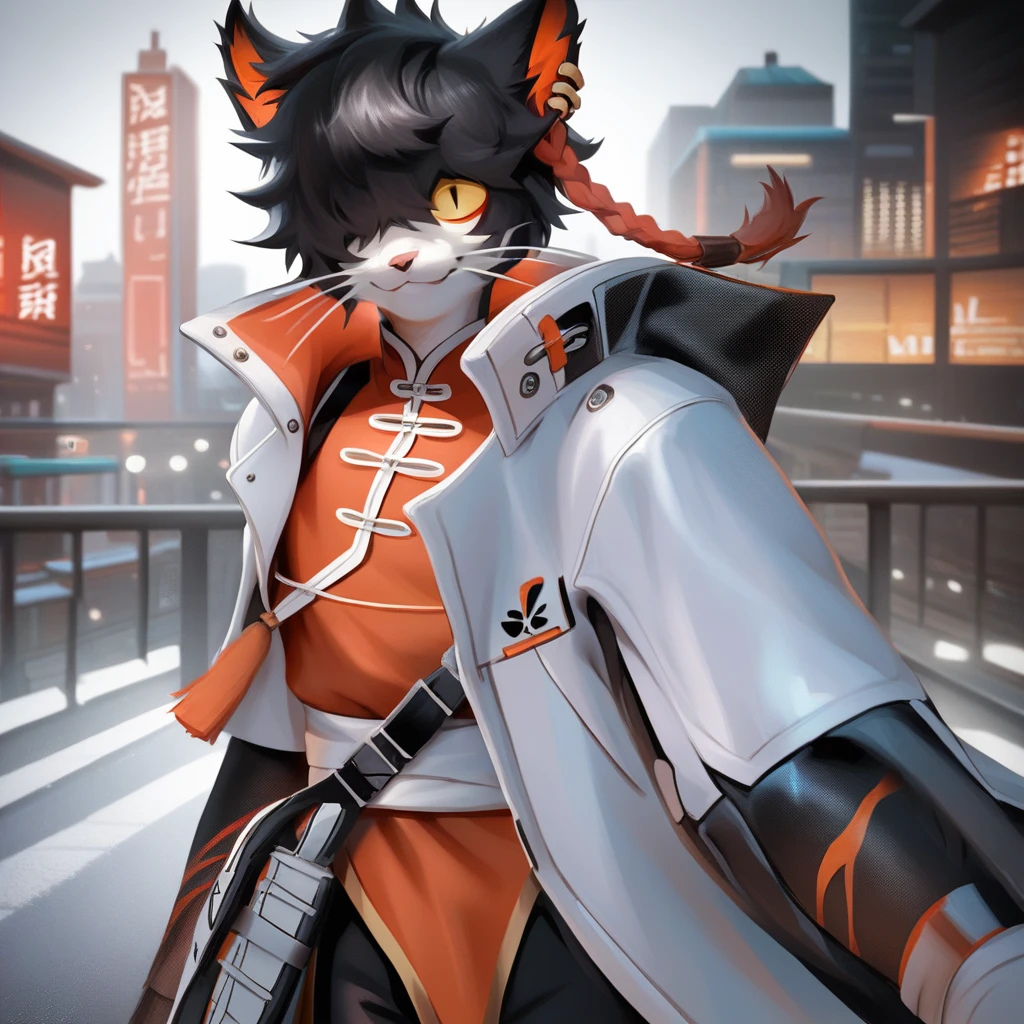 score_9, ((realistic, extremely detailed)), masterpiece, soft lighting, scifi, city, solo furry anthro male (cat) aakarknights, whiskers, black hair, bangs, hair over one eye, earrings, orange single braid, yellow sclera, slit pupils, black pants, white coat, white sash. chinese clothes, orange vest, looking at viewer, smiling<lora:EMS-405490-EMS:0.800000>