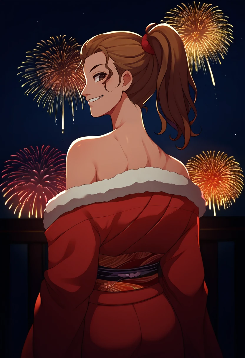 score_9, score_8_up, score_7_up, source_anime, from behind, solo, 1girl, desiree delite, grin, looking back, brown hair, ponytail, brown eyes, japanese clothes, fur trim, red kimono, off shoulder, bare shoulders, fireworks <lora:aa_desireedelite_ponyXL:1>