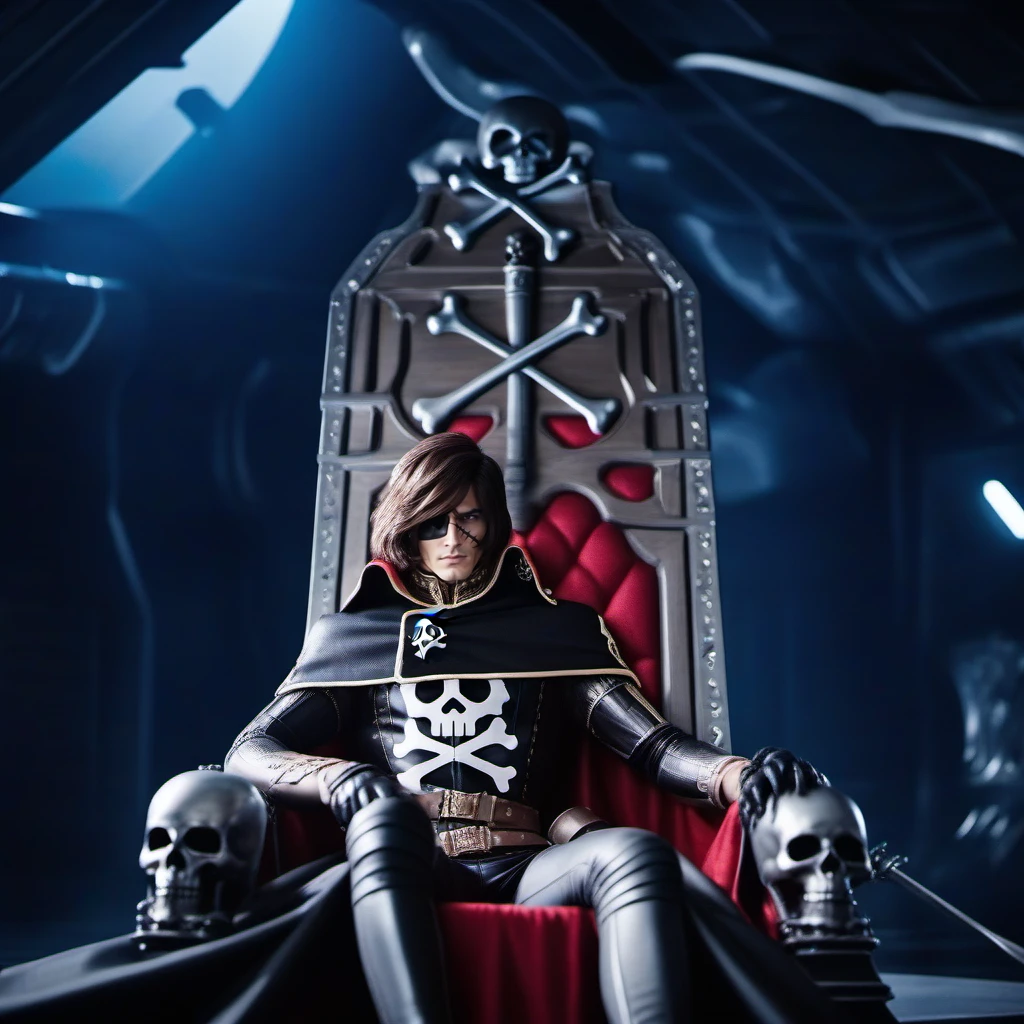 cinematic photo a man, cape, brown hair,  black gloves,  scar on face, skull and crossbones, sword, throne in a spaceship<lora:Albator1024_r1:0.8> . 35mm photograph, film, bokeh, professional, 4k, highly detailed