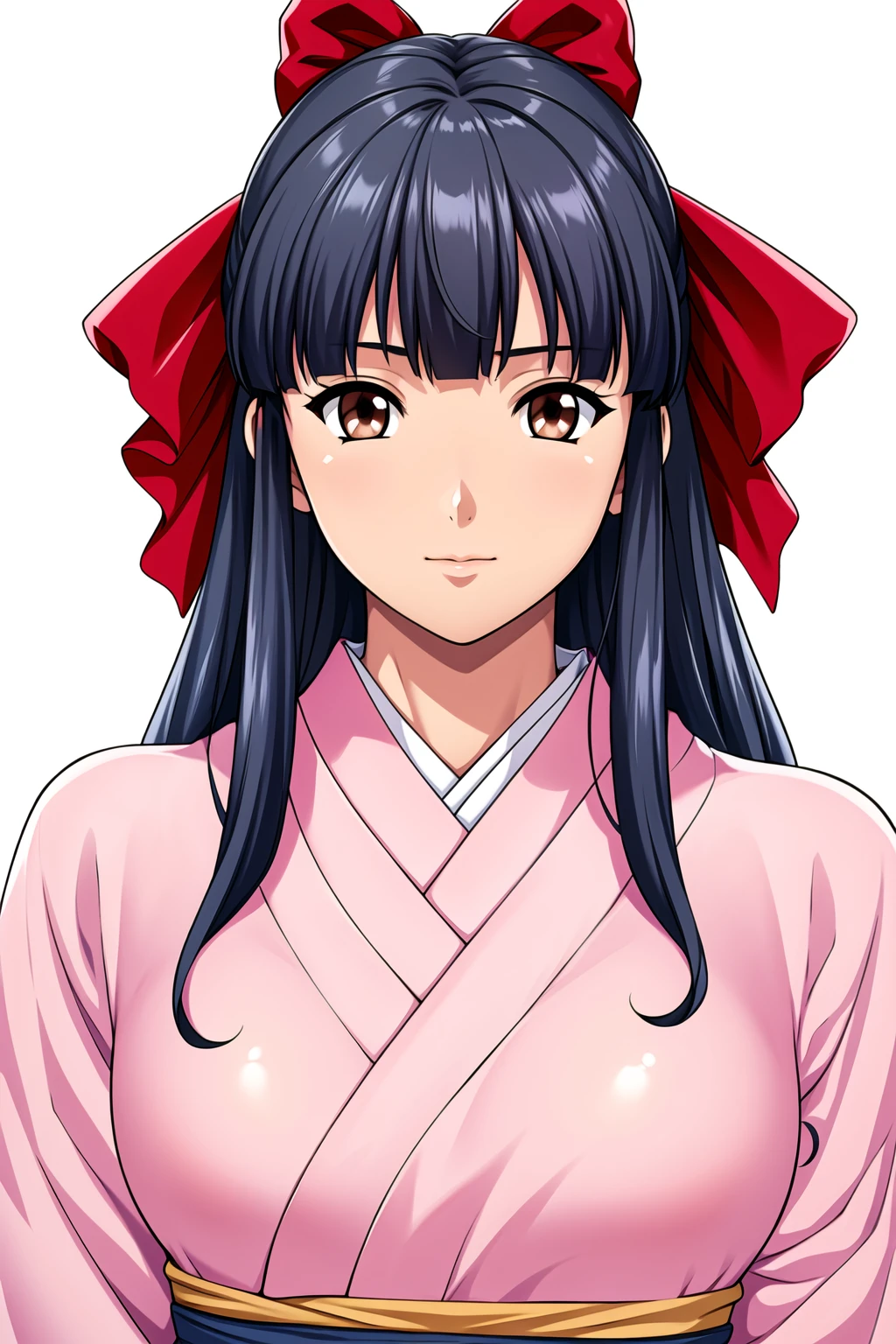 Simple White Background,
dynamic pose,standing at attention,
pink kimono , long sleeves, wide sleeves, japanese clothes, 
<lora:Sakura_Shinguji_SakuraWars-KK77-V1:0.7>,
brown eyes, blue hair,Long hair,hair hair ribbon, blunt bangs, 
<lora:more_details:0.1>,<lora:Oda_Non_Style-KK77-V2:0.3>,<lora:Sexy_AIart-KK77-V1:0.3>,
1 girl, 20yo,Young female,Beautiful long legs,Beautiful body,
Beautiful Nose,Beautiful character design, perfect eyes, perfect face,expressive eyes,perfect balance,
looking at viewer,(Focus on her face),closed mouth, (innocent_big_eyes:1.0),(Light_Smile:0.3),
official art,extremely detailed CG unity 8k wallpaper, perfect lighting,Colorful, Bright_Front_face_Lighting,White skin,
(masterpiece:1.0),(best_quality:1.0), ultra high res,4K,ultra-detailed,
photography, 8K, HDR, highres, absurdres:1.2, Kodak portra 400, film grain, blurry background, bokeh:1.2, lens flare, (vibrant_color:1.2),professional photograph,
(Beautiful,large_Breasts:1.4), (beautiful_face:1.5),(narrow_waist),