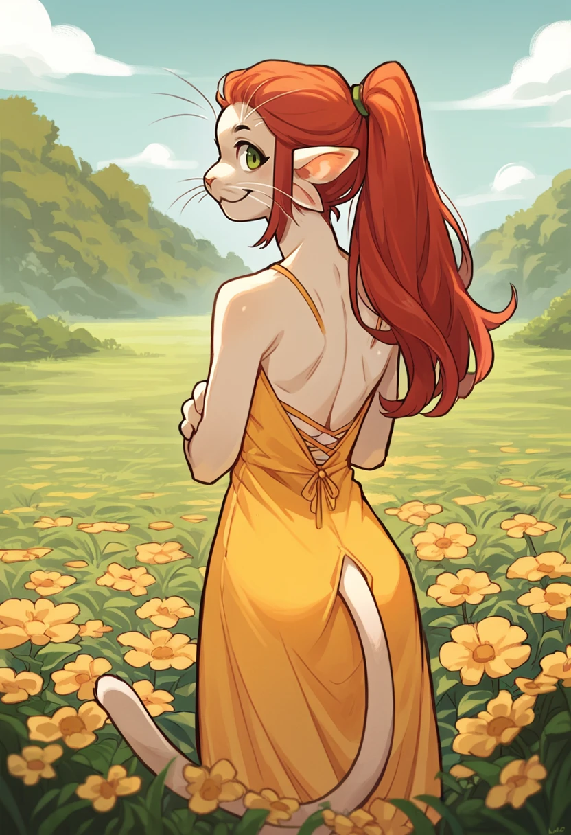 score_9, score_8_up, score_7_up, source_furry, from behind, solo, 1girl, argemia, furry female, whiskers, smile, looking back, ponytail, animal ears, pointy ears, yellow sundress, cat tail, bare shoulders, outdoors, flower field <lora:voicesofthevoid_argemia_ponyXL:1>