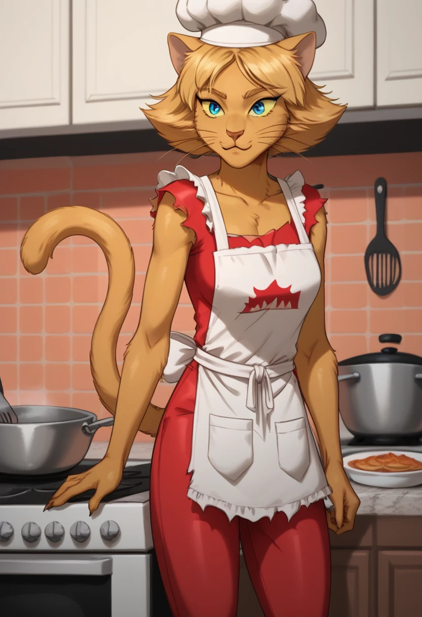 score_9, score_8_up, score_8,  <lora:Request_Cat_Clover_Totally_Spies_for_PonyXL:0.8> animal ears, 1girl, furry, cat girl, cl0ver, short hair, torn clothes, furry female, blonde hair, tail, body fur, blue eyes, cat ears, whiskers, kitchen, cooking, apron, chef hat, pants, shirt,