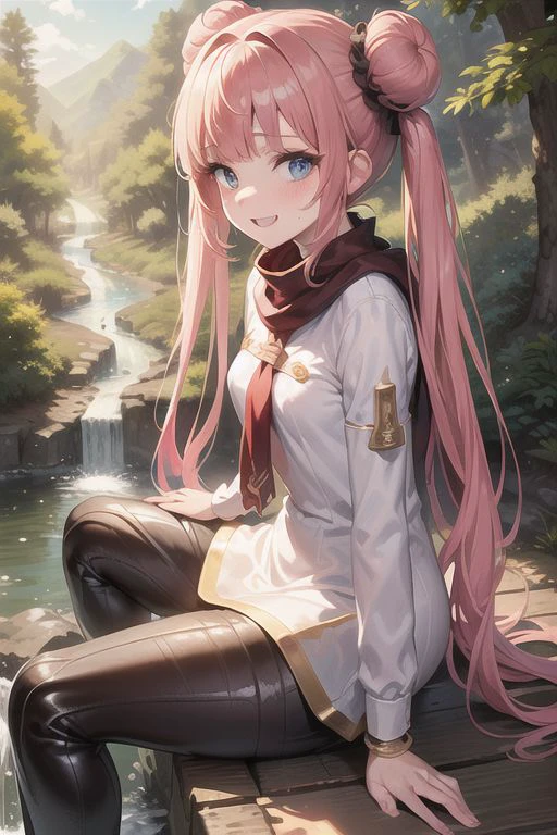 intricate details, finely detailed, <lora:Add Detail:0.4>, (masterpiece), best quality, high resolution, highly detailed, detailed background, (girl with long pink hair with buns and twintails with blue eyes), thin, small size, (curved),  ((((forest landscape with river and waterfall)))), noon, (very sunny), (birds), (ray of lights), smiling  happy, having fun, laughing, colorful backgrounds, close up,  ((small breasts)), blunt bangs,  st_sally, moss, vines, trees, sitting, white shirt with black jacket, black skirt, red scarf with intricate details