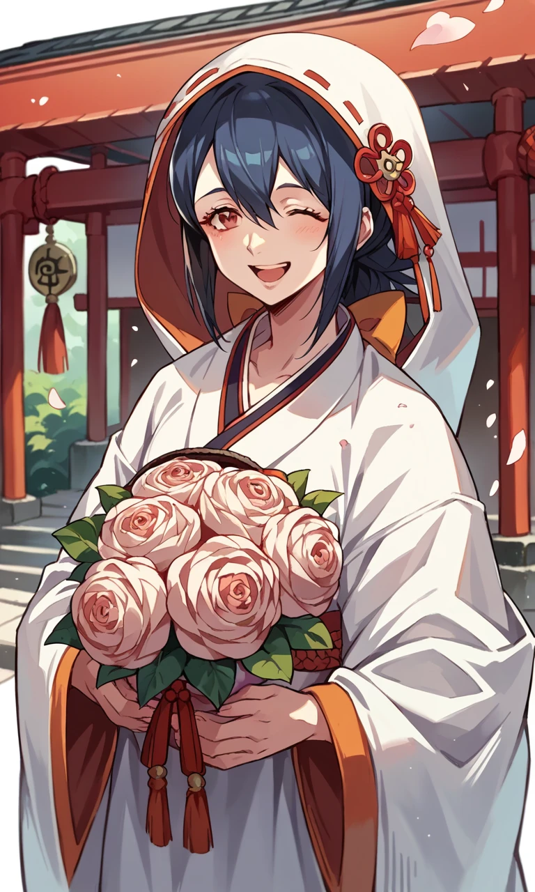 score_9, score_8_up, score_7_up, source_anime BREAK, 1girl, solo, oboro,  uchikake, shrine, bouquet, wedding, happy, hood