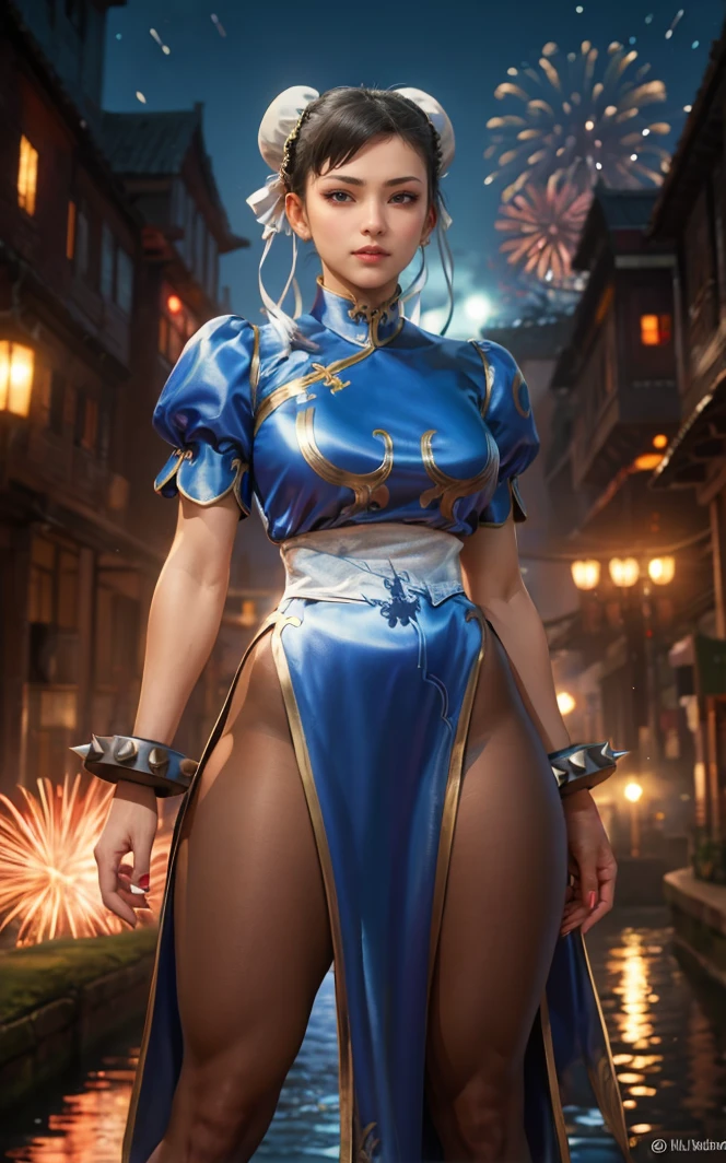 masterpiece, best quality, highres, 
(contrapposto)<lora:GAME_StreetFighter_ChunLi_ownwaifu:1> , 
OriginalCostum_ChunLi_ownwaifu, 
1girl, chun-li, brown hair, brown eyes, large breasts, red eyeshadow, hair ornament, bun cover, double bun, (thick thighs), muscular female, lipstick, makeup, legs, 
blue dress, brown pantyhose, spikes, spiked bracelet, sash, pelvic curtain, puffy sleeves, china dress, chinese clothes, jewelry, short sleeves, side slit, gold trim, 
canal, vanishing point, depth_of_field, scenery, night, bloom, aerial fireworks, solo, cowboy shot, looking at viewer,