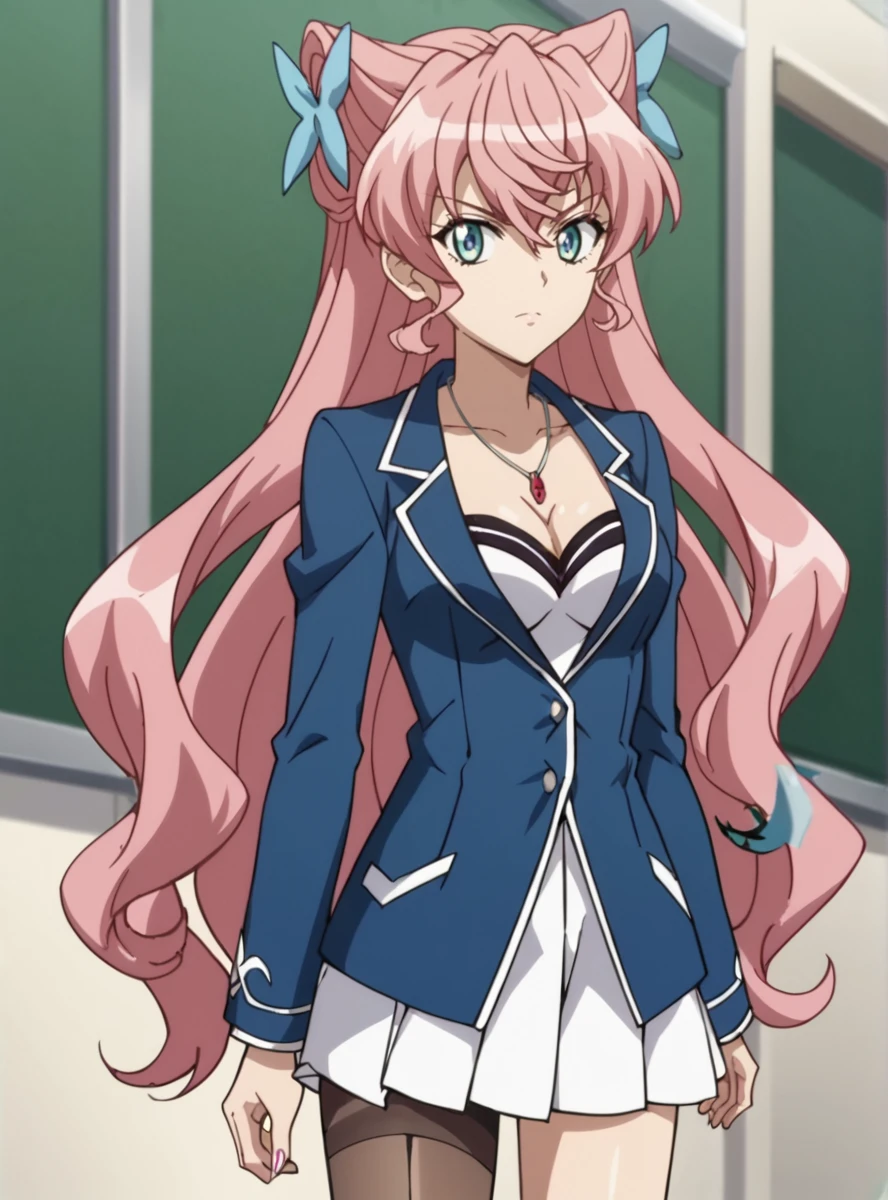 score_9, score_8_up, score_7_up, score_6_up, score_5_up, score_4_up , source_anime, anime screencap,   <lora:MariaSympho:0.8>mariaeve, pink hair, long hair, blue eyes, ,hair ornament, very long hair , cleavage white shorts,  ,uneven legwear,  pendant, solo, cleavage,, single thighhigh,  pleated skirt, school uniform,