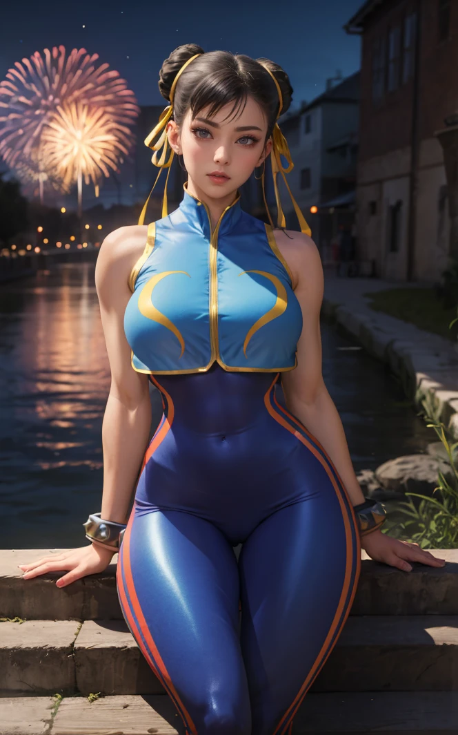 masterpiece, best quality, highres, 
(sitting on stairs)<lora:GAME_StreetFighter_ChunLi_ownwaifu:0.9>,
ZeroCostum_ChunLi_ownwaifu, 
1girl, chun-li, brown hair, brown eyes, large breasts, red eyeshadow, hair bun, double bun, hair ribbon, makeup, large breasts, (thick thighs), muscular female, toned, bangs, lipstick, eyeliner, wide hips, narrow waist, 
blue bodysuit, unitard, sleeveless, studded bracelet, skin tight, bare shoulders, crop top, yellow ribbon, vest, double vertical stripe, gold trim, cameltoe, shiny clothes, 
canal, vanishing point, depth_of_field, scenery, night, bloom, aerial fireworks, solo, cowboy shot, looking at viewer,