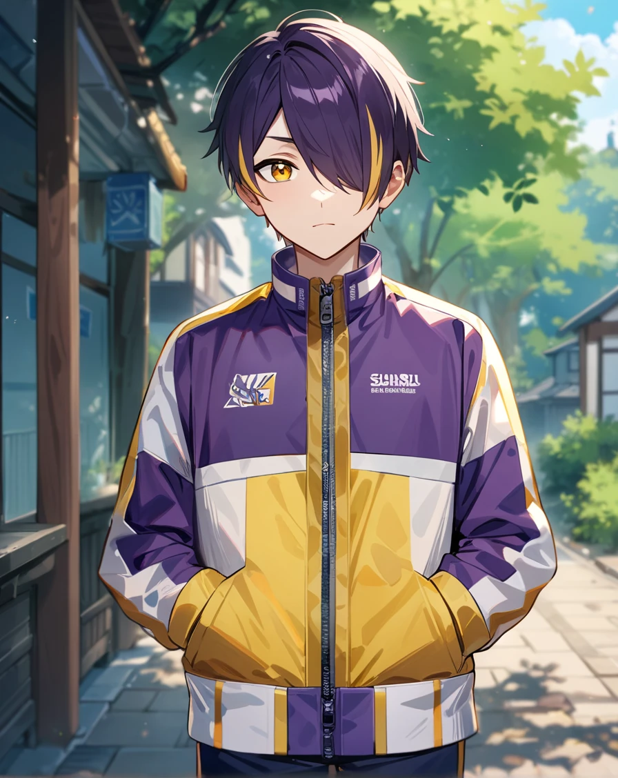 1boy, solo, male focus, cowboy shot, straight-on, <lora:sengoku_shinobu_sdxl_lora:1>, (sengoku shinobu, purple hair, streaked hair, yellow hair, short hair, hair between eyes, bangs, yellow eyes), outdoors, looking at viewer, facing viewer, masterpiece, best quality, very aesthetic, absurdres, very detailed, safe, <lora:Lightning-8:0.5>