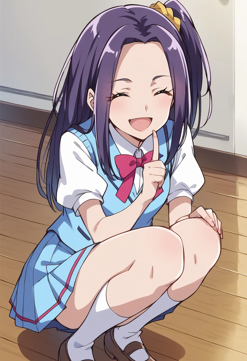score_9, score_8_up, score_7_up, source_anime BREAK
kurokawa eren, aria gakuen school uniform, school uniform, purple hair, closed eyes, long hair, 1girl, open mouth, smile, squatting, solo, ponytail, short hair, kneehighs, brown hair, index finger raised, sitting, :d, white legwear, socks, blue shirt, side ponytail, pointing, indoors, hair ornament, bowtie, happy, wooden floor, yellow scrunchie, blue skirt, puffy short sleeves, eyelashes, pointing up, pink bow, vest, pleated skirt, white shirt, hand on own knee, high ponytail, one side up, red bow
<lora:cure_beat_kurokawa_eren_sdxl_locon_pony_v1:0.7>