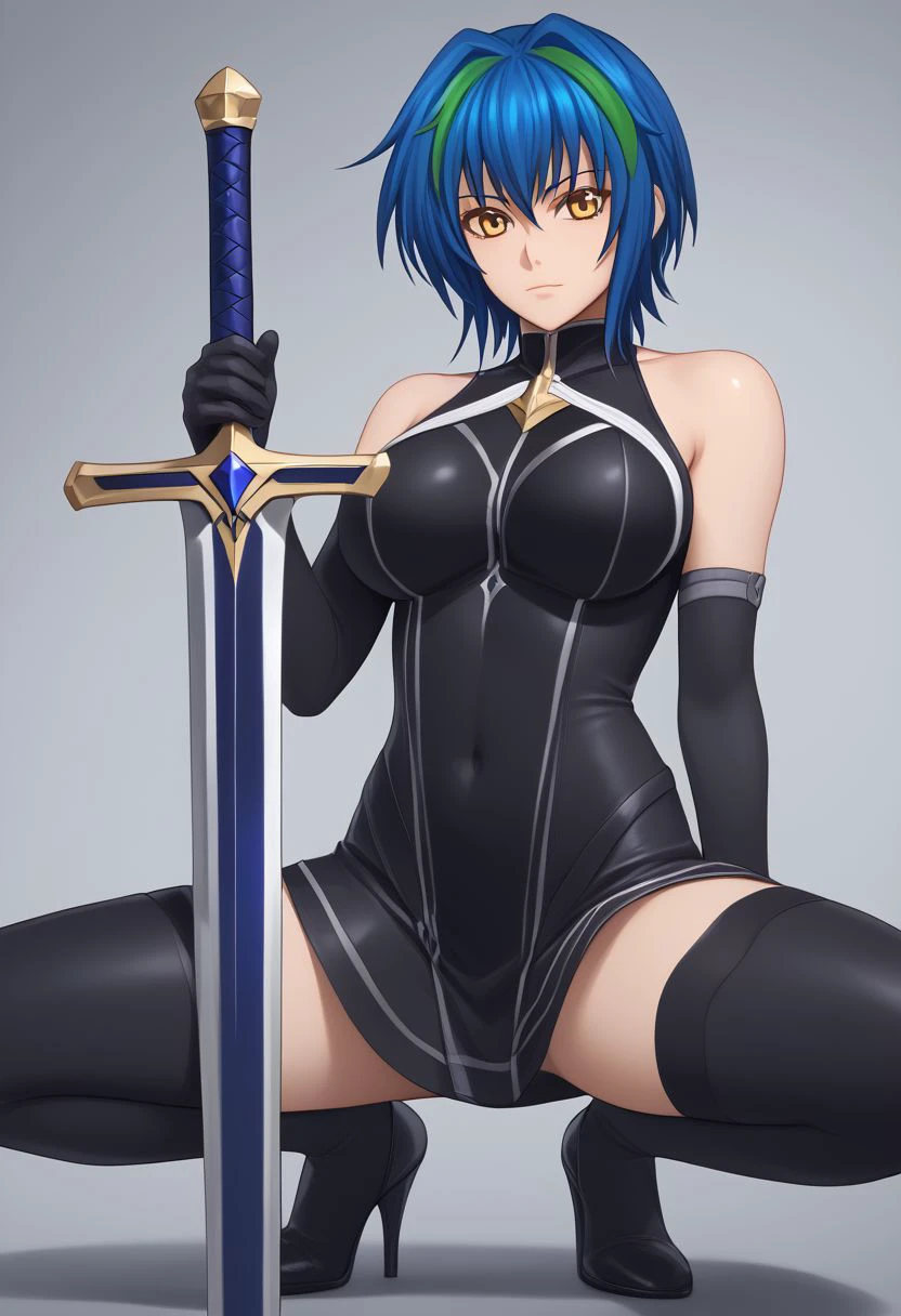 Masterpiece, best quality, high quality, highres, 4k, detailed face, perfecteyes, Expressiveh, xenovia quarta, blue hair, green streak, short hair, yellow eyes, large breasts, long eyelashes, thighhighs, gloves, bare shoulders, black gloves, elbow gloves, bodysuit, covered navel, greatsword, blue sword, both-hand-hilt, hands on hilt, planted sword