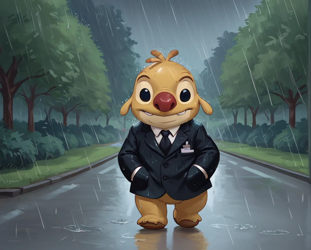 score_9, score_8_up, score_8,     <lora:reuben_625_for_ponyxl:0.8>  1boy, reub3n, black eyes, smile, solo, suit, walking, hands in pocket, outdoors, rain, park