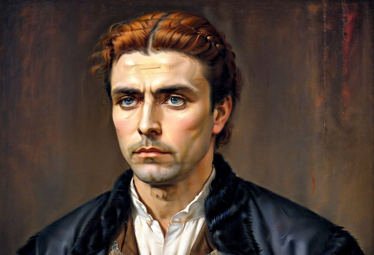 realistic high-quality ultra-high resolution image depicting Vasil Levski, arrested and thrown into the dungeon where he awaits his sentence 
Vasil Levski:
Age: 34 years
Height: About 170cm
Build: Athletic, strong
Hair: ginger, short, with gray streaks
Eyes: Blue, penetrating
Face: Oval, with well defined cheekbones and chin
Expression: Serious, determined, with a slight note of sadness
clothing:
Dark brown yamurluk Yamurluk is a thick outer garment of the traditional costume, designed to protect against cold and rain. Biwa with or without sleeves, made of woolen woven fabric (aba), or non-woven / felted wool and fur and compacted with tepaw.
White high collar shirt
Black pants
Brown boots
Additional details:
He wears a (revolver) in his belt 
He has a bullet scar on his left cheek
He holds a notebook in his right hand
Emotion:
Courage
Determination
Patriotism
Self-sacrifice