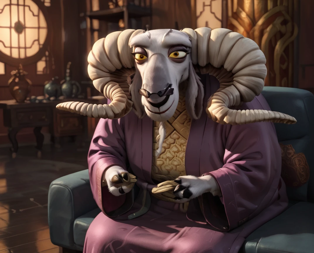 score_9, score_8_up, score_8,    <lora:Soothsayer_Kung_Fu_Panda_2_for_PonyXL:0.8> horns, old lady, soothsayer, goat girl, furry, yellow eyes, robe, living room, sitting on couch, solo, smile,