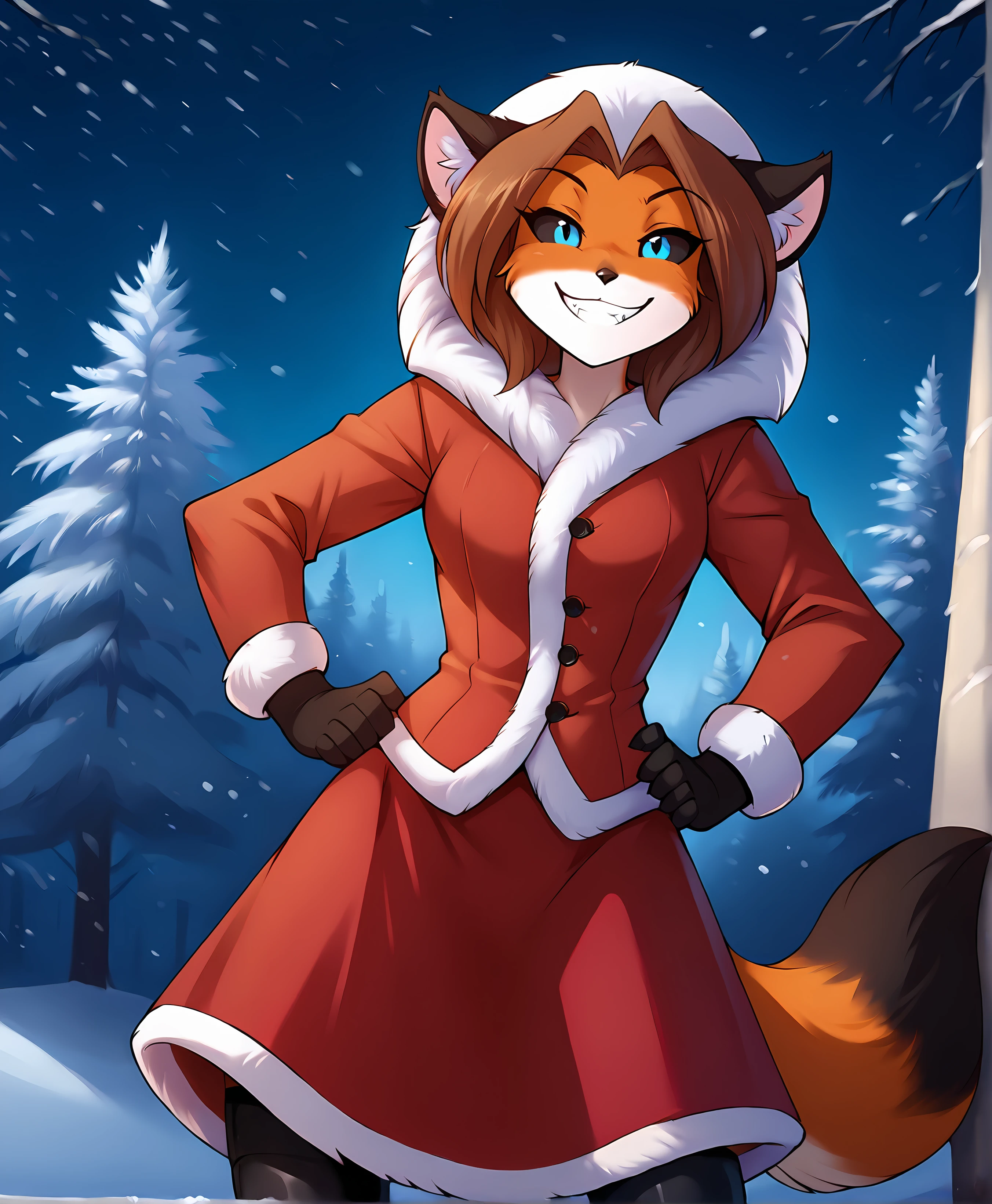 score_9, score_8_up, score_7_up, score_6_up, score_5_up, score_4_up, rating_safe, source_furry, detailed background, snowy winter in background, (late night:1.1),  1girl,female anthro fox  standing, leaning forward,  low-angle view, (solo:1.1), half-length portrait, 
BREAK
female, furry, anthro,(fox:1.1), fox tail, (cute expression, cute face:1.1),    (fox snout:1.1),  smiling at viewer, hands on hips, smug grin,    breasts,, blue eyes,  <lora:Laura-Twokinds-SDXL-AnonTK-V1:0.9> , laura-twokinds, brown hair, black sclera, 
BREAK
(red jacket, fur trim,fur-trimmed jacket:1.1), hood, ,   boots, (black stockings:1.1), red skirt <lora:Alice_SDXL:0.8>
BREAK
<lora:PDXL_artist_tags_v2:1> (by iskra:1.1),