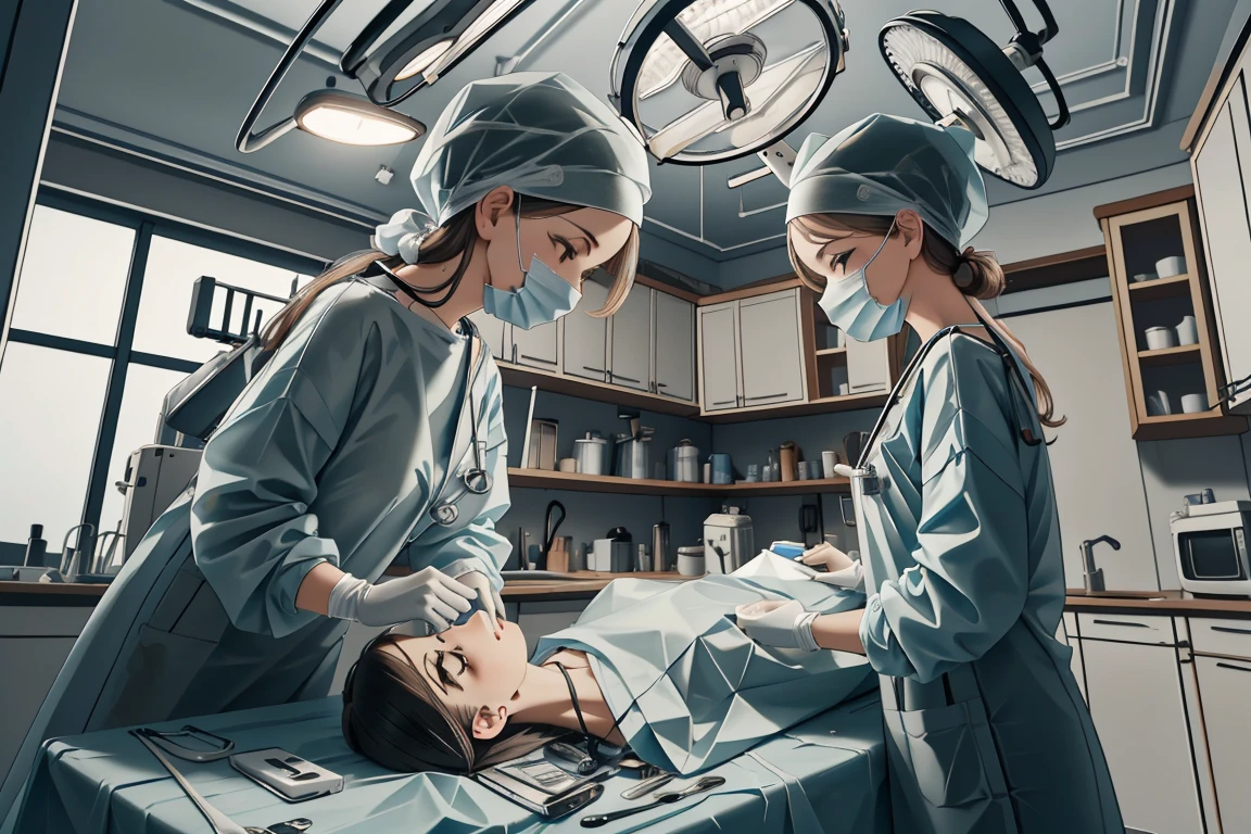 (RAW photo, best quality,facing the viewer,from front), operating room, overhead surgical light,blurred background, focused, dithering,backlighting,
 <lora:CM_Scene_Surgery_Homemade_V2.0-000007:0.85> scene_homemadesurg, surgical mask, multiple girls, intravenous drip, doctor,