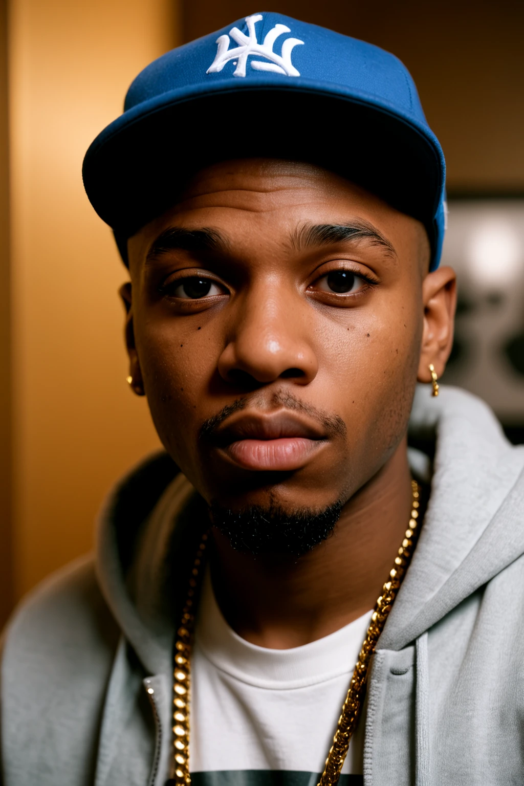 photograph of a the rapper in the room, in the style of realistic hyper-detailed portraits, close-ups, topcor 58mm f/1.4, looking at the camera