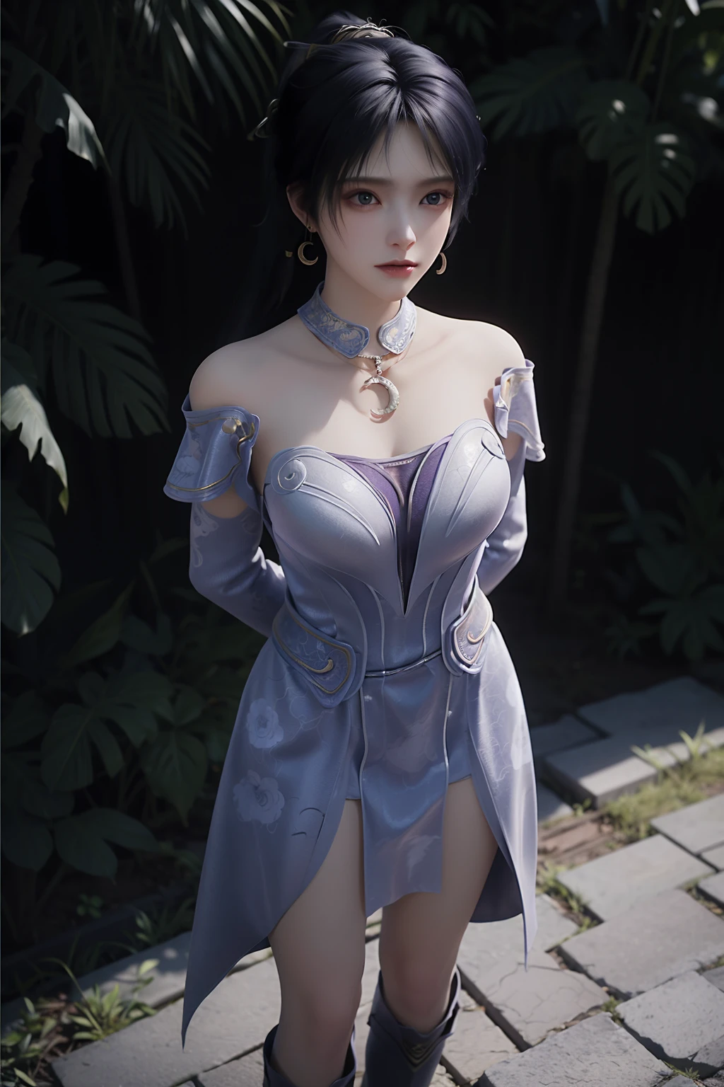 <lora:JiZiyue:1>,jiziyue,1girl,solo,jewelry,earrings,dress,black hair,necklace,long hair,crescent earrings,white background,arms behind back,simple background,boots,bare shoulders,full body,breasts,standing,purple dress,
masterpiece,highest quality,exquisite details,amazing art,realistic details,pretty face,real skin,8K,RAW,movie lighting,soft light,shallow depth of field,bokeh,dreamy,beautiful detailed eyes,Hair details,high ponytail,, best quality , masterpiece, illustration, an extremely delicate and beautiful, extremely detailed ,CG,unity,8k wallpaper, Amazing, finely detail, masterpiece, best quality,official art,extremely detailed CG unity 8k wallpaper,absurdres, incredibly absurdres, huge filesize , ultra-detailed, highres, extremely detailed,beautiful detailed girl, extremely detailed eyes and face, beautiful detailed eyes,light on face,