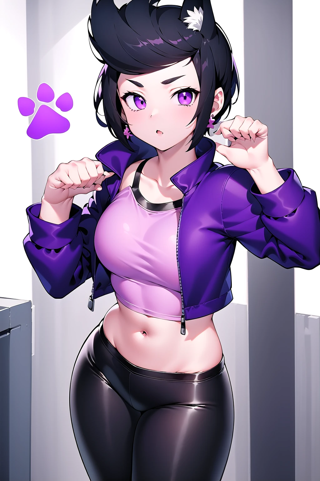 (masterpiece, best quality), bibiBS, 1girl, solo, athletic body, purple eyes, black hair, short hair, cross earrings, purple jacket, crop jacket, long sleeves, crop top, pink top, midriff, black pants, <lora:Bibi__Brawl_Stars:0.7>,
(paw_pose:1.2), <lora:GoodHands-beta2:1>