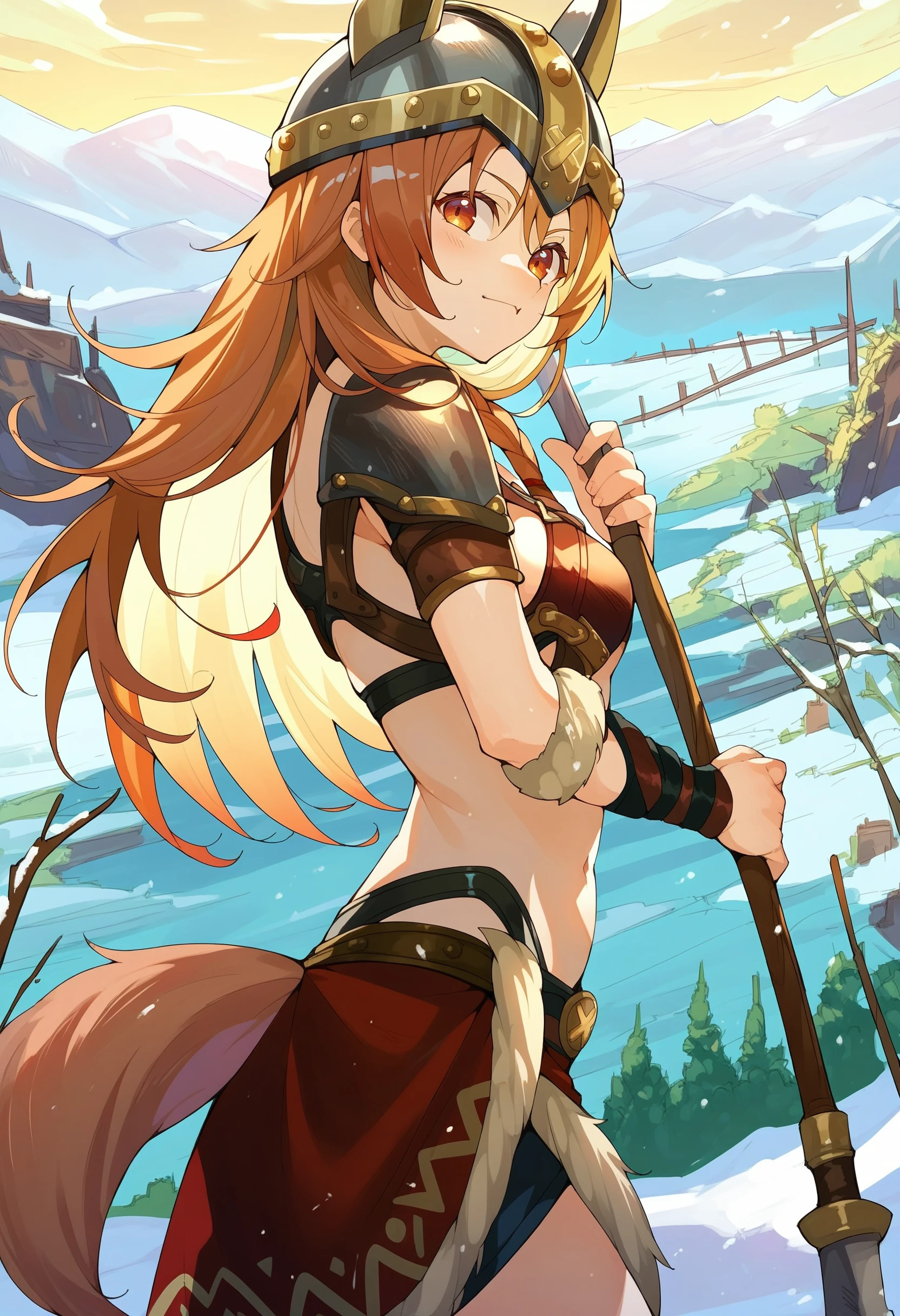 inugami korone viking, animal helmet, 1girl, solo, dog girl, dog tail, weapon over shoulder, holding weapon, axe, holding axe,
outdoors, scenery, snow, looking at viewer, navel, from side,
score_9, score_8_up, score_7_up, score_6_up, source anime,
<lora:inugami_korone_v21:1>