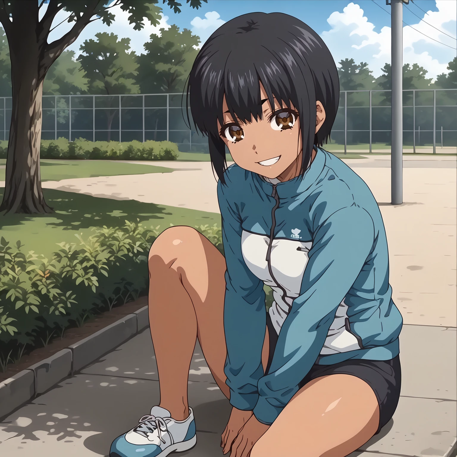 <lora:SoAkahoriXLpony001>,
looking at viewer,smile,
solo,
SoAkahori,1girl,black hair,short hair,brown eyes,tan,
gym jacket,long_sleeves,
shorts,
outdoors,
full body,sitting,