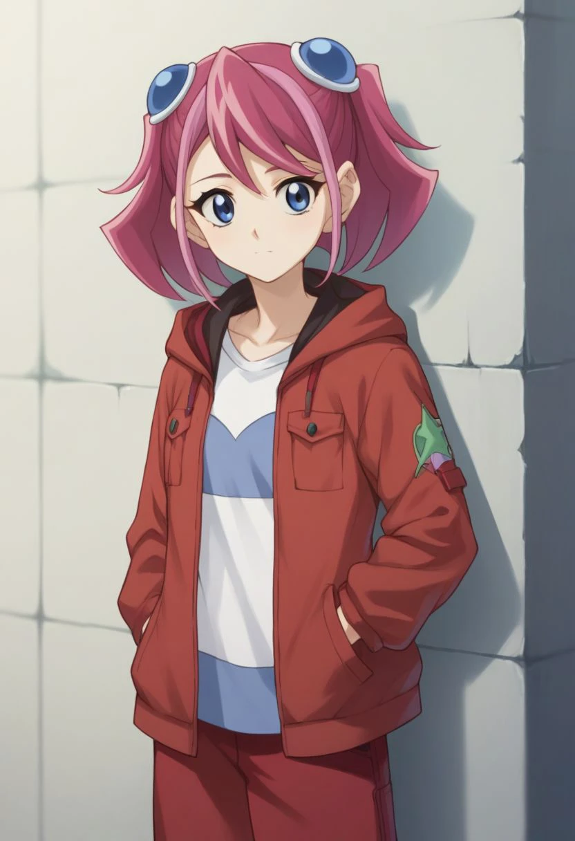 score_9, score_8_up, score_7_up, source_anime, highly detailed, 
zuzu, 1girl, solo, blue eyes, pink hair, multicolored hair, two-tone hair, twintails, short twintails, hood, red hood, red pants, 
outdoor,