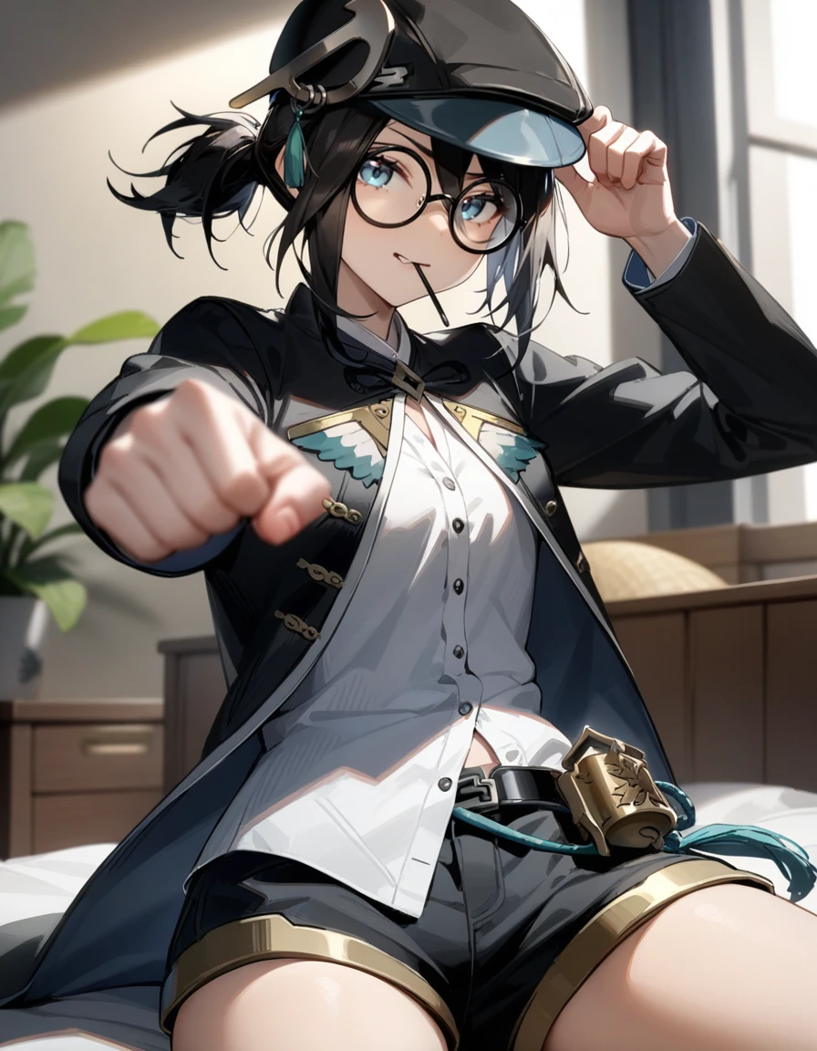 masterpiece,best quality,very aesthetic,absurdres,
looking at viewer,sitting on bed, punching towards viewer,
<lora:maque_xl:0.8>,fellowmoon-maque,1girl,solo,shorts,hat,blue eyes,black hair,black shorts,glasses,shirt,black headwear,round eyewear,white shirt,cowboy shot,jacket,black jacket,mouth hold,long sleeves,jewelry,