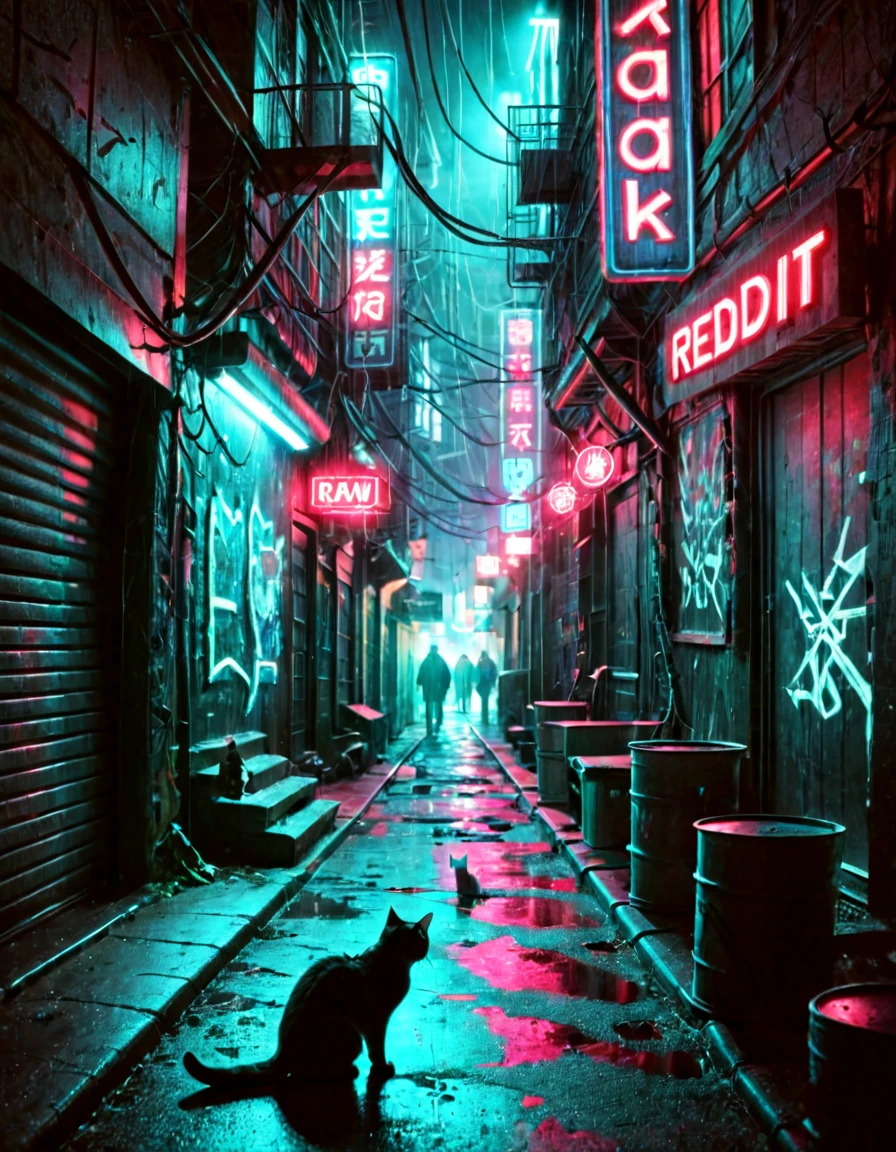 low quality,reddit,real life photo,traditional media,Amateur,film grain,RAW, cyberpunknoirlora, city, night, backstreet, dead end, neon, noir, cat, portrait,