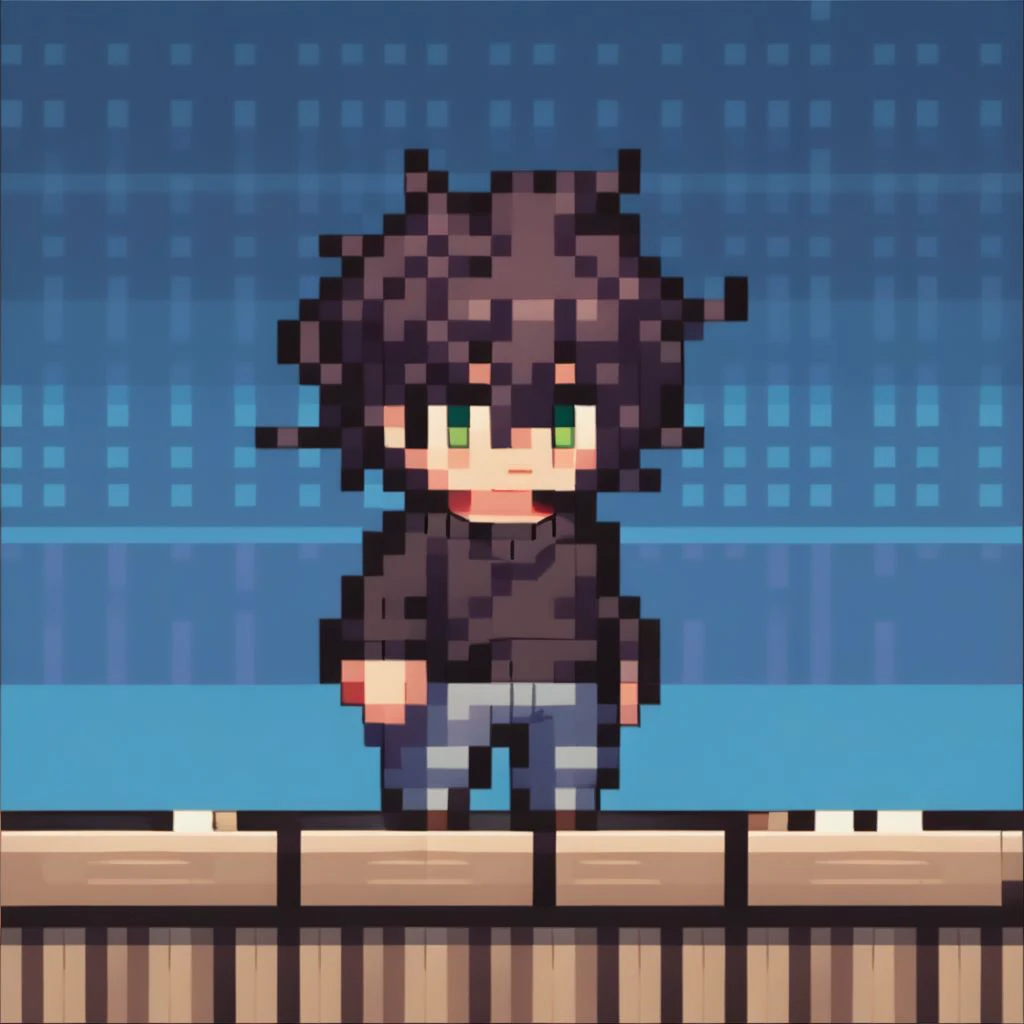 score_9, score_8_up, score_7_up, source_anime, chibi, pixel art, full body, Andrew Graves, green eyes, black messy hair, hair between eyes, sweater, long sleeves, jeans