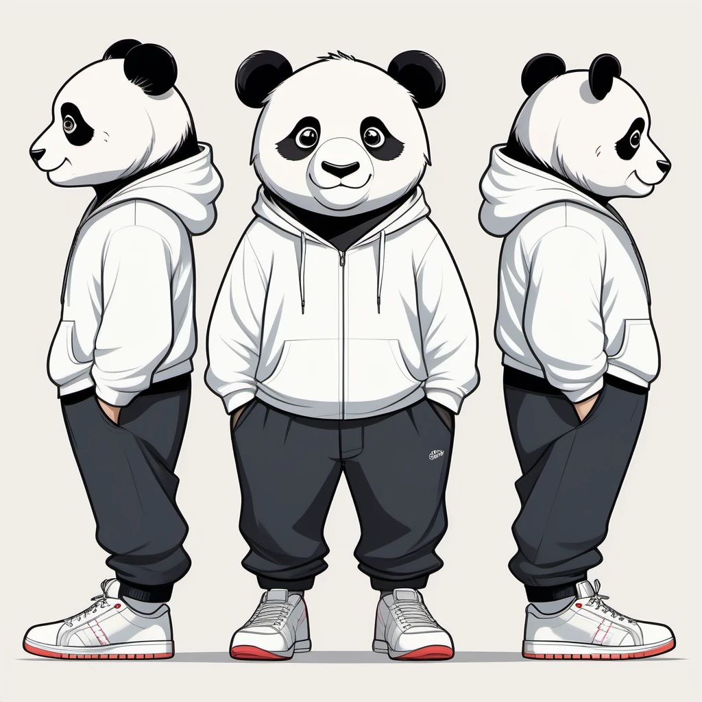 FRESHIDEAS Cartoon Three-View Drawing of a Panda: Smiling, in Sneakers, Standing on a White Background for 2D Character Concept Design. The drawing should depict the panda in full-body view, looking directly at the audience while standing. The three-view drawing should be in a 1.9 ratio, with the front view, side view, and back view each occupying a 1.5 ratio. The head-to-body ratio should be 1:3. The background should be clean and of the highest quality, representing a masterpiece with meticulous details.