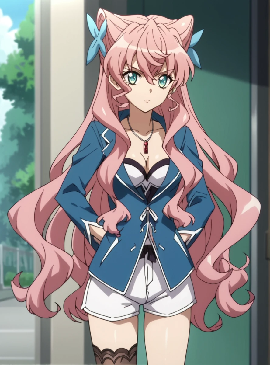 score_9, score_8_up, score_7_up, score_6_up, score_5_up, score_4_up , source_anime, anime screencap,   <lora:MariaSympho:0.8>mariaeve, pink hair, long hair, blue eyes, ,hair ornament, very long hair , cleavage white shorts,  ,uneven legwear,  pendant, solo, cleavage,, single thighhigh,