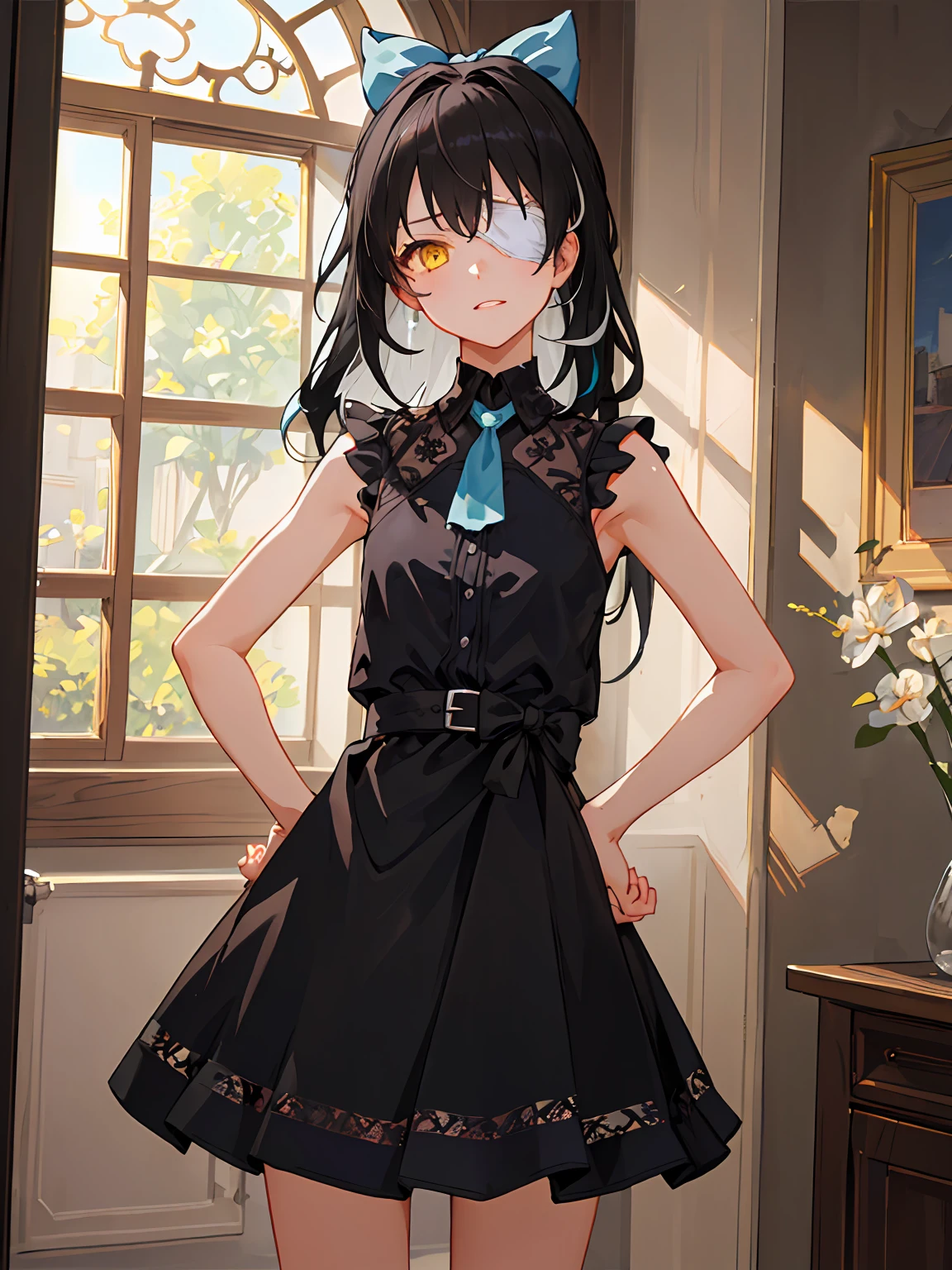 hand on own hip,  MAUXIR, sleeveless dress,   hair_bow, yellow_eyes, eyepatch, two-tone_hair, black hair, long_hair, cowboy shot, 1girl, solo, naughty face,   looking at viewer, standing, day, indoors, (masterpiece,best quality,beautiful and aesthetic:1.2), <lora:MAUXIR-V3:0.6>