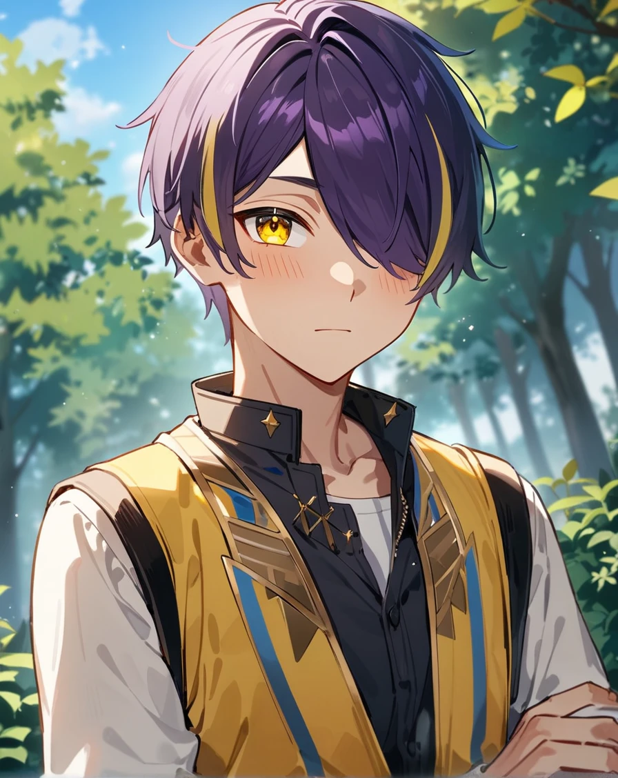 1boy, solo, male only, male focus, upper body, <lora:sengoku_shinobu_sdxl_lora:1>, (sengoku shinobu, purple hair, streaked hair, yellow hair, short hair, hair between eyes, bangs, yellow eyes), outdoors, looking at viewer, masterpiece, best quality, very aesthetic, absurdres, very detailed, safe, <lora:Lightning-8:0.5>