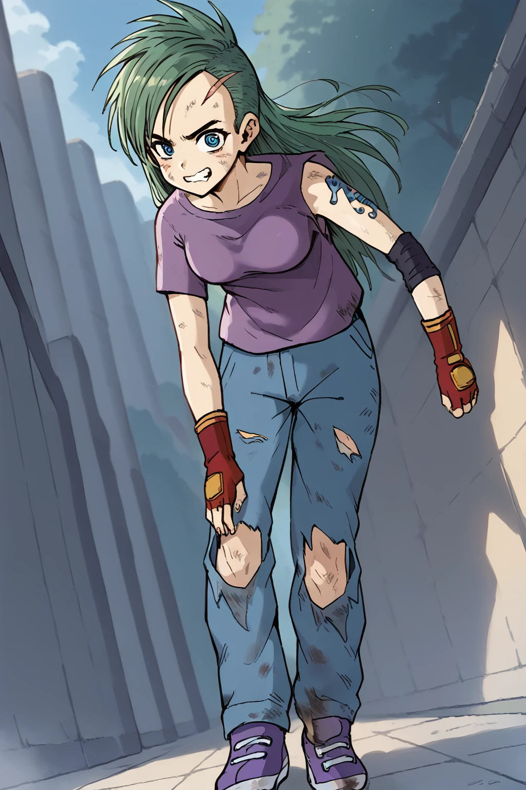 (score_9,score_8_up, score_7_up:1.1), source_anime,rating_safe, (Xkinerax:1.1), (running:1.0), (frontal perspective, long wide jean pants with tears at the knees, big purple sneakers, purple t-shirt, dirty ,beautiful face, Red gloves with yellow details, elbows, panic face,blue eyes:1.0)(blue seahorse tattoo on left arm shoulder)<lora:EMS-405310-EMS:1.000000>