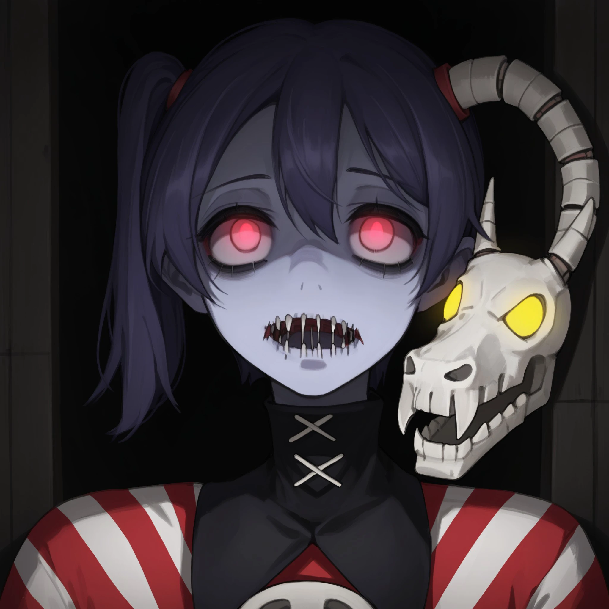 Squigly,  side ponytail, detached collar, colored skin, skull, stitches, zombie-like appearance, striped sleeves, stitched mouth, extremely detailed eyes and face, longeyelashes, digital art, dark fantasy, horror atmosphere, cinematic lighting, dramatic shadows, vivid colors, highly detailed, 8k, masterpiece, <lora:633cc171-ba93-4c39-8d2d-c6d0dc488299:0.7>