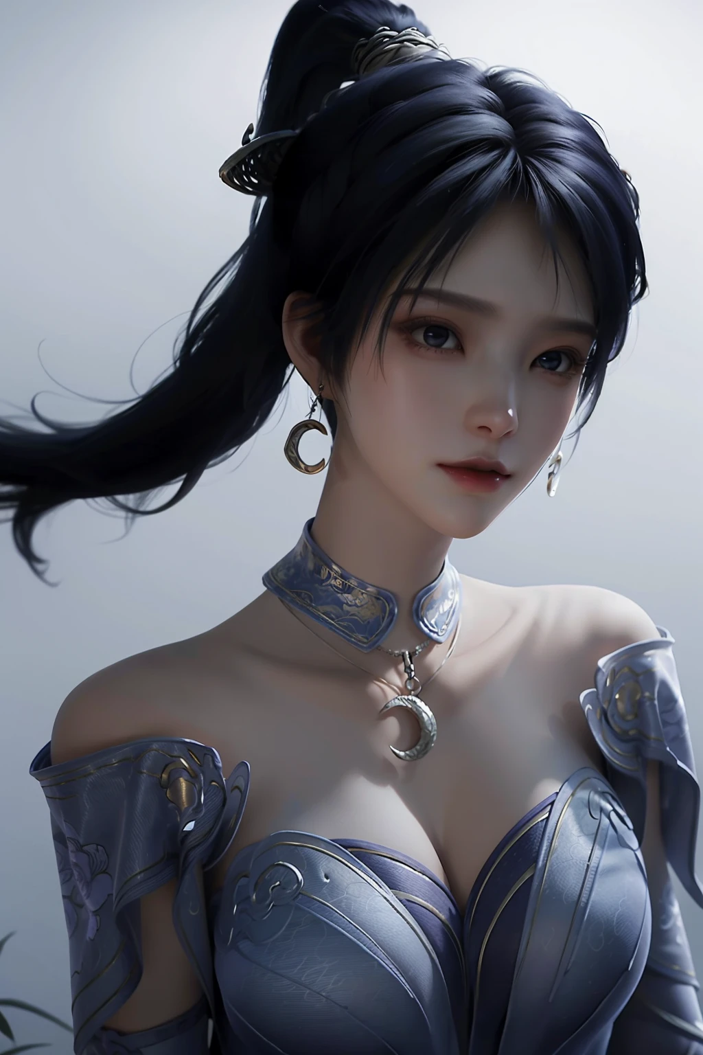 <lora:JiZiyue:1>,jiziyue,1girl,solo,jewelry,earrings,dress,black hair,long hair,bare shoulders,crescent earrings,white background,realistic,hair ornament,elbow gloves,simple background,breasts,lips,detached sleeves,
masterpiece,highest quality,exquisite details,amazing art,realistic details,pretty face,real skin,8K,RAW,movie lighting,soft light,shallow depth of field,bokeh,dreamy,beautiful detailed eyes,Hair details,high ponytail,