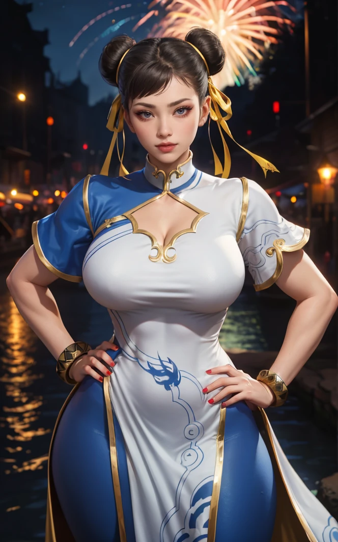 masterpiece, best quality, highres, 
(contrapposto, hand on hip)<lora:GAME_StreetFighter_ChunLi_ownwaifu:0.8>,
WhiteDress_ChunLi_ownwaifu, 
1girl, chun-li, brown hair, brown eyes, large breasts, red eyeshadow, hair bun, double bun, hair ribbon, makeup, large breasts, (thick thighs), muscular female, toned, bangs, lipstick, eyeliner, wide hips, 
white dress, tight pants, blue pants, china dress, chinese clothes, bracelet, short sleeves, cleavage cutout, yellow ribbon, pelvic curtain, gold trim, skin tight, 
canal, vanishing point, depth_of_field, scenery, night, bloom, aerial fireworks, solo, cowboy shot, looking at viewer,