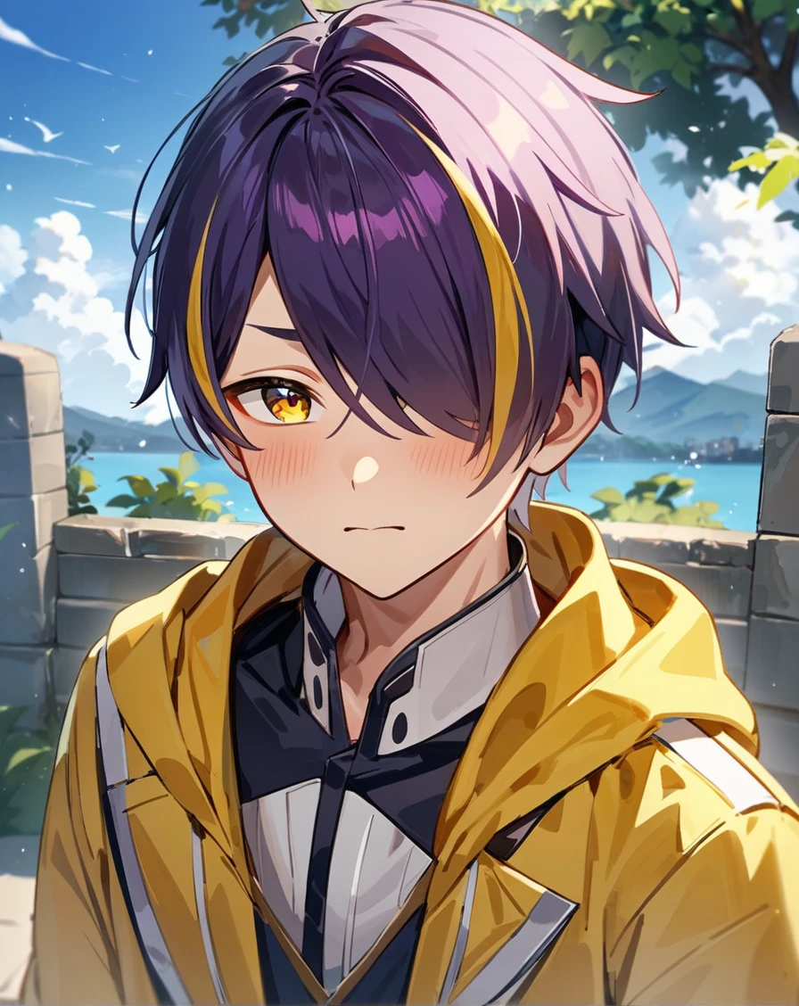 1boy, solo, male only, male focus, upper body, <lora:sengoku_shinobu_sdxl_lora:1>, (sengoku shinobu, purple hair, streaked hair, yellow hair, short hair, hair between eyes, bangs, yellow eyes), outdoors, looking at viewer, masterpiece, best quality, very aesthetic, absurdres, very detailed, sensitive, <lora:Lightning-8:0.5>