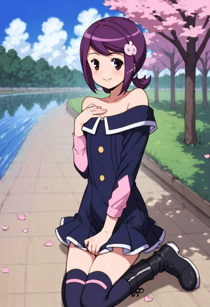 score_9,score_8_up,score_7_up,score_9,score_8_up,score_8,ultra detailed,beautiful face,highres,1girl, solo, looking at viewer, Stand with your hands on your chest
BREAK 
full body, girl, flat chest, bright smile, blush, purple hair, purple eyes, short hair, short twintail, off shoulder, layered mini skirt, cute little feet,black stockings,black boots,sky,cloud,outdoors,park,river,1chair, sunrise,  cherry blossom,