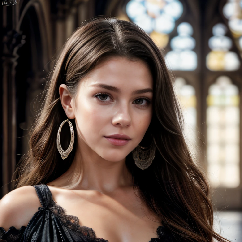 a beautiful woman with hyperealistic, hyperdetailed, photorealistic, 8K, cinematic portrait, extremely detailed eyes, beautiful detailed lips, raised eyebrows, red lips, malicious smile, pale skin, hair ornament, flower crown, jewelry, hair ribbon, beauty mark, chiaroscuro, bokeh, art nouveau, gothic art, long black hair, large bust, earrings